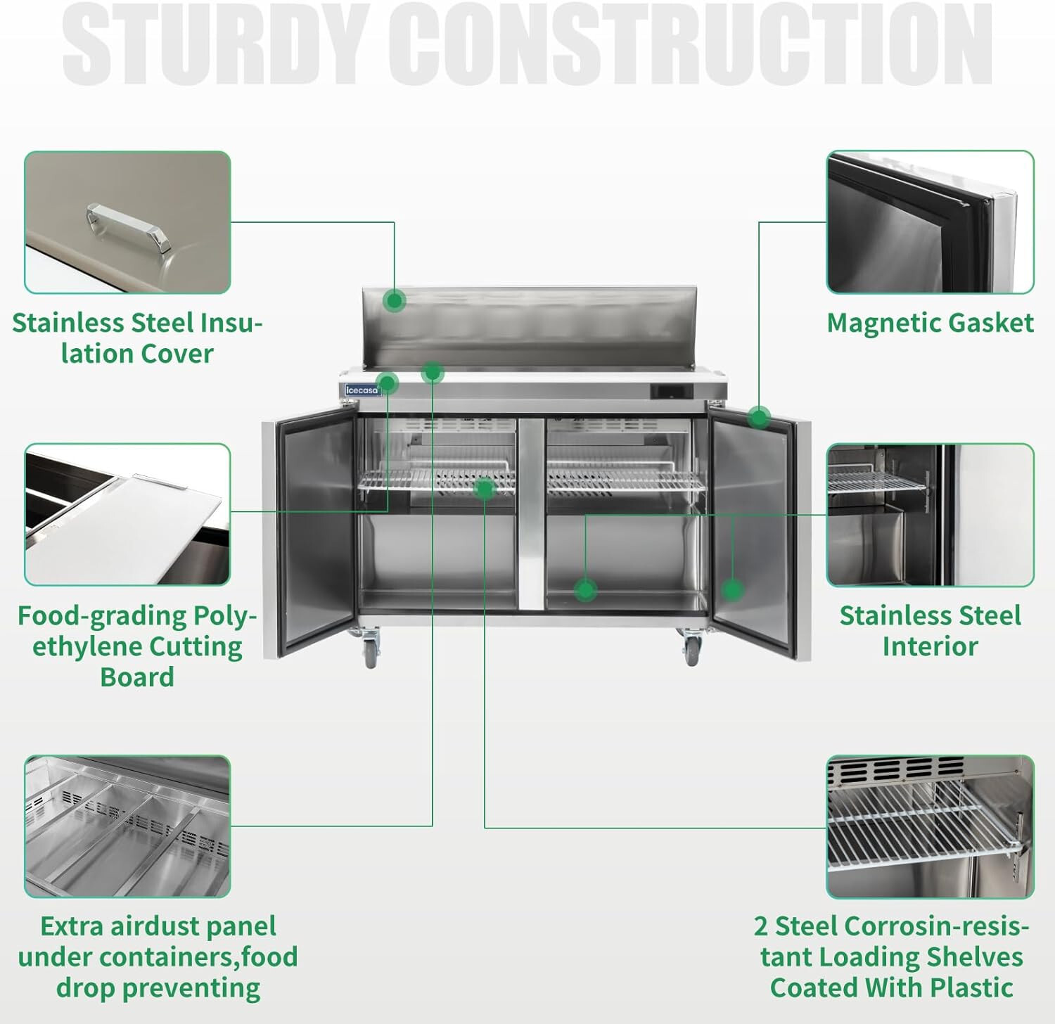 48″ Sandwich Prep Table Fridge, ICECASA 2 Door Food Bain Marie Cooler, 12 Pans