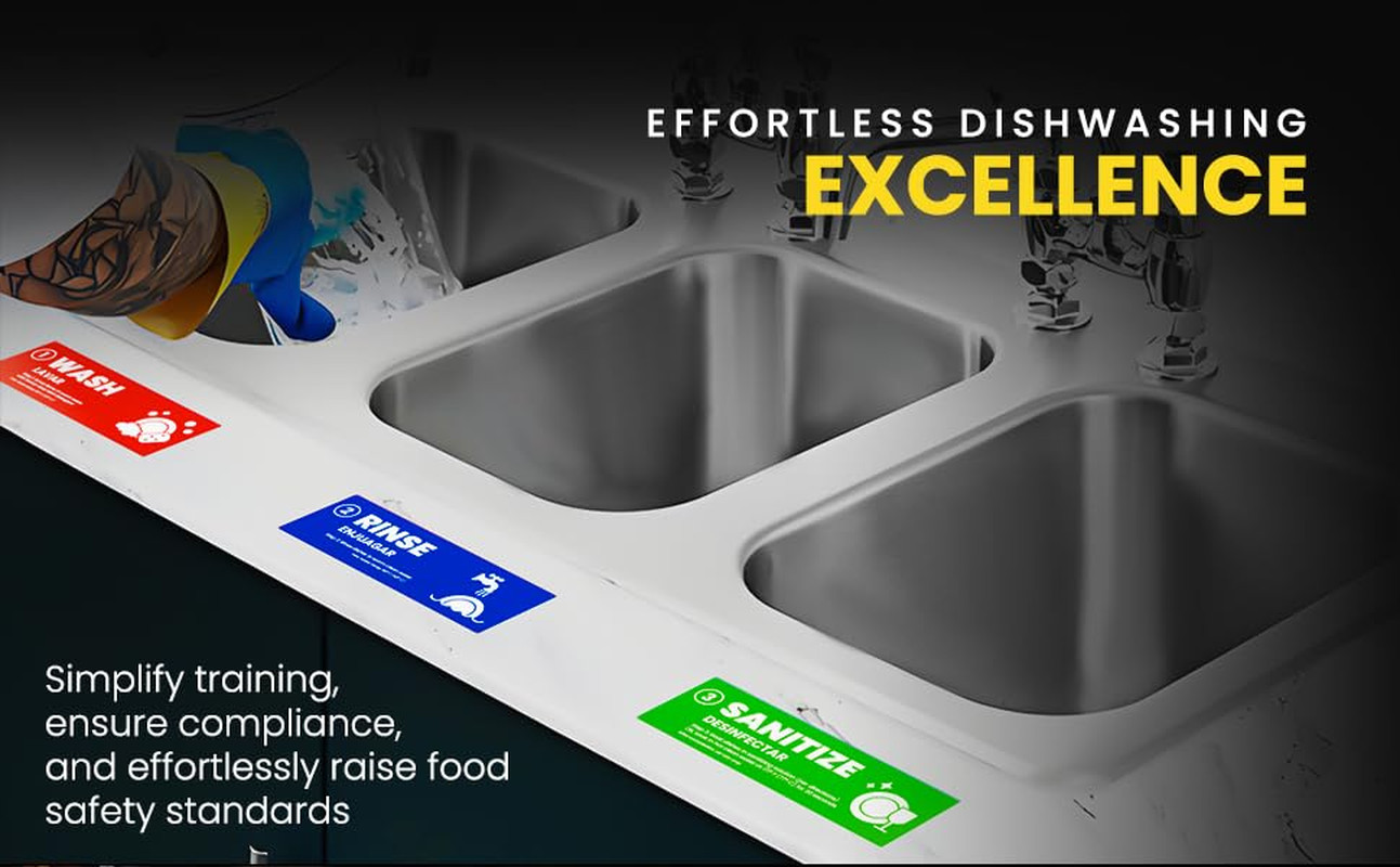[Enhanced] Wash Rinse Sanitize Sink Labels, Hand Wash Only, and Employee Must Wa