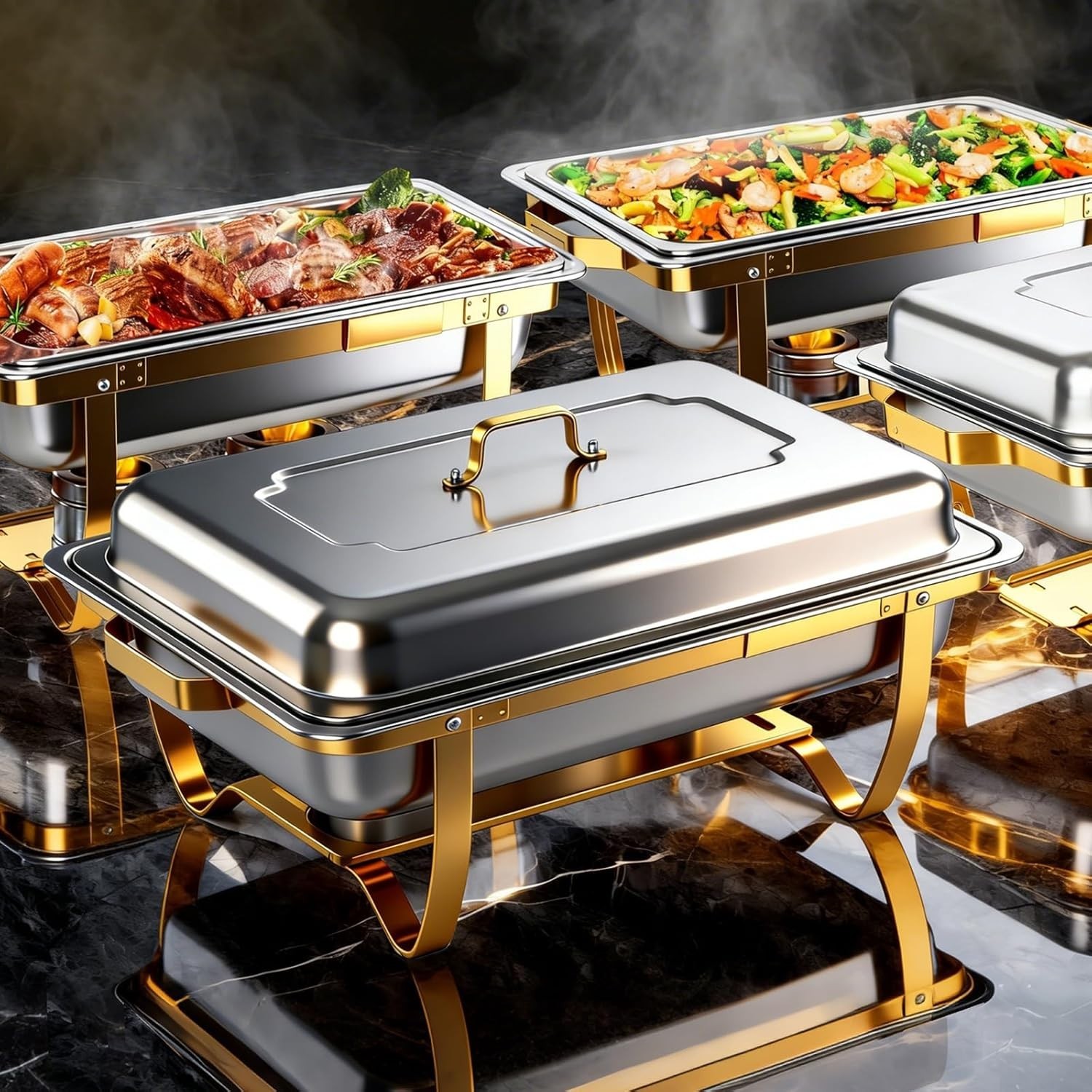 4-PK 9QT Rectangular Stainless Steel Chafing Dishes for Buffet w/ Lids