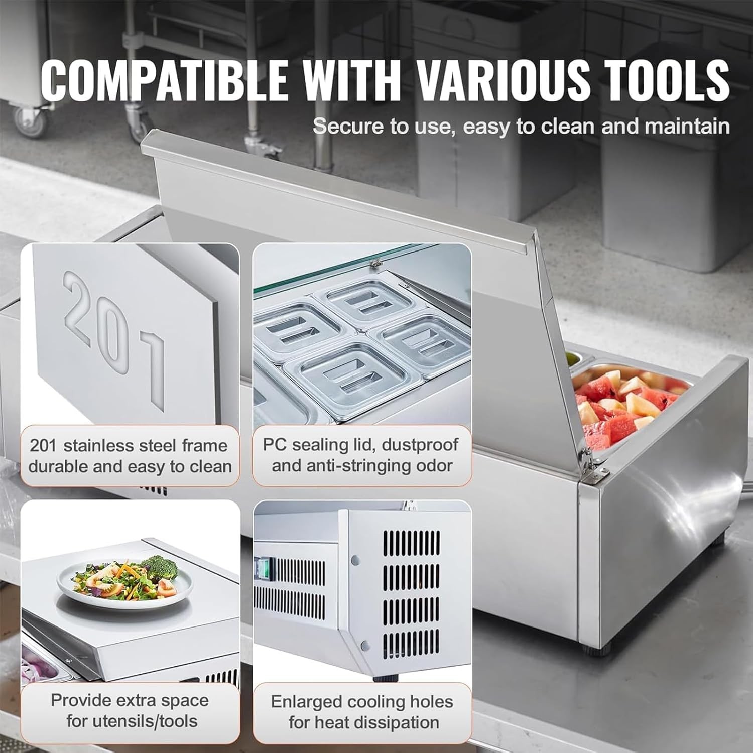 ⚡140W Refrigerated Condiment Prep Station, 51″ Countertop Refrigerator Condimen
