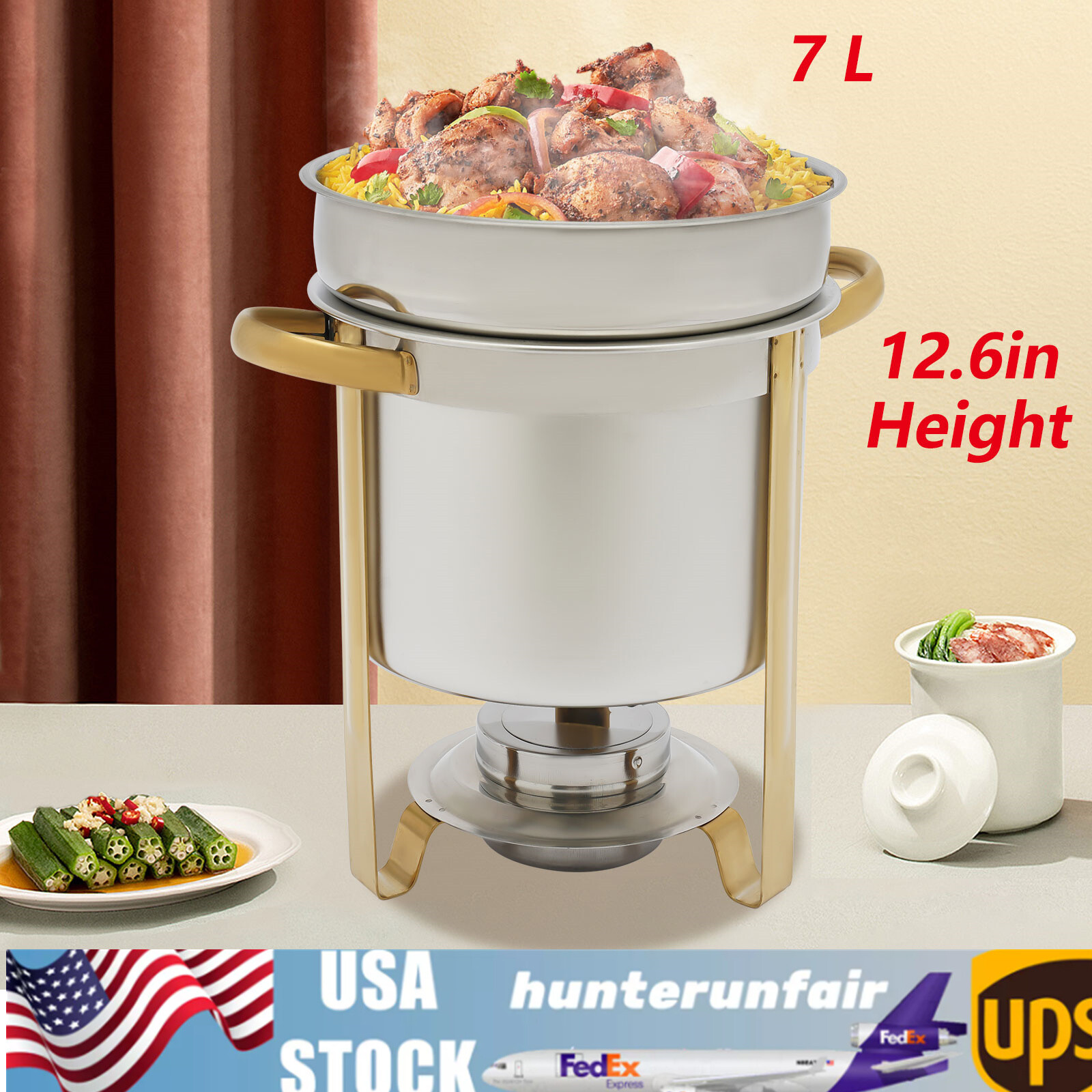 7L Gold Full Size Round Soup Chafer Stainless Steel Buffets Server Food Warmer
