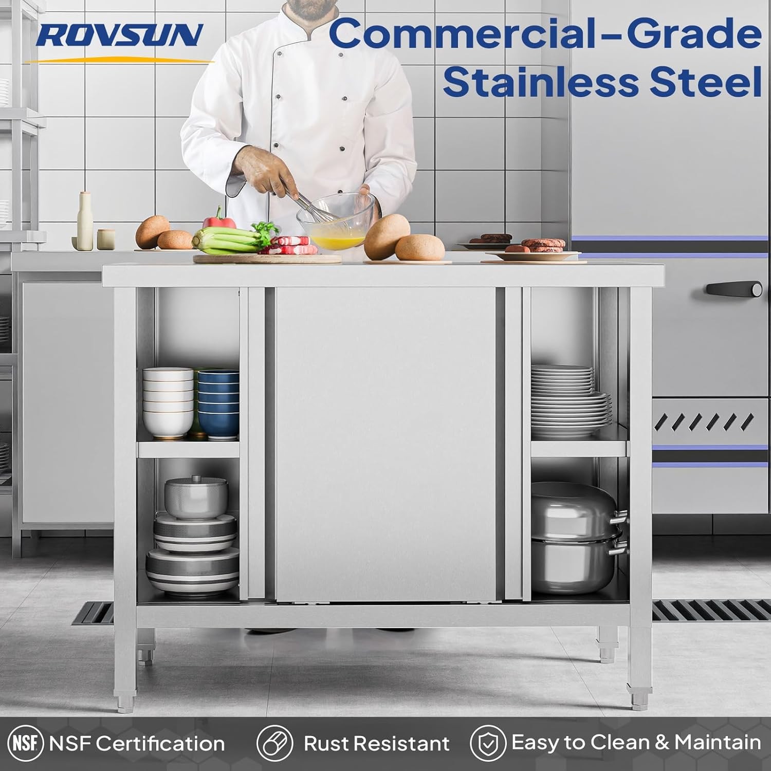 Stainless Steel Prep & Work Table with 2-Tier Cabinet & Sliding Doors for Garage