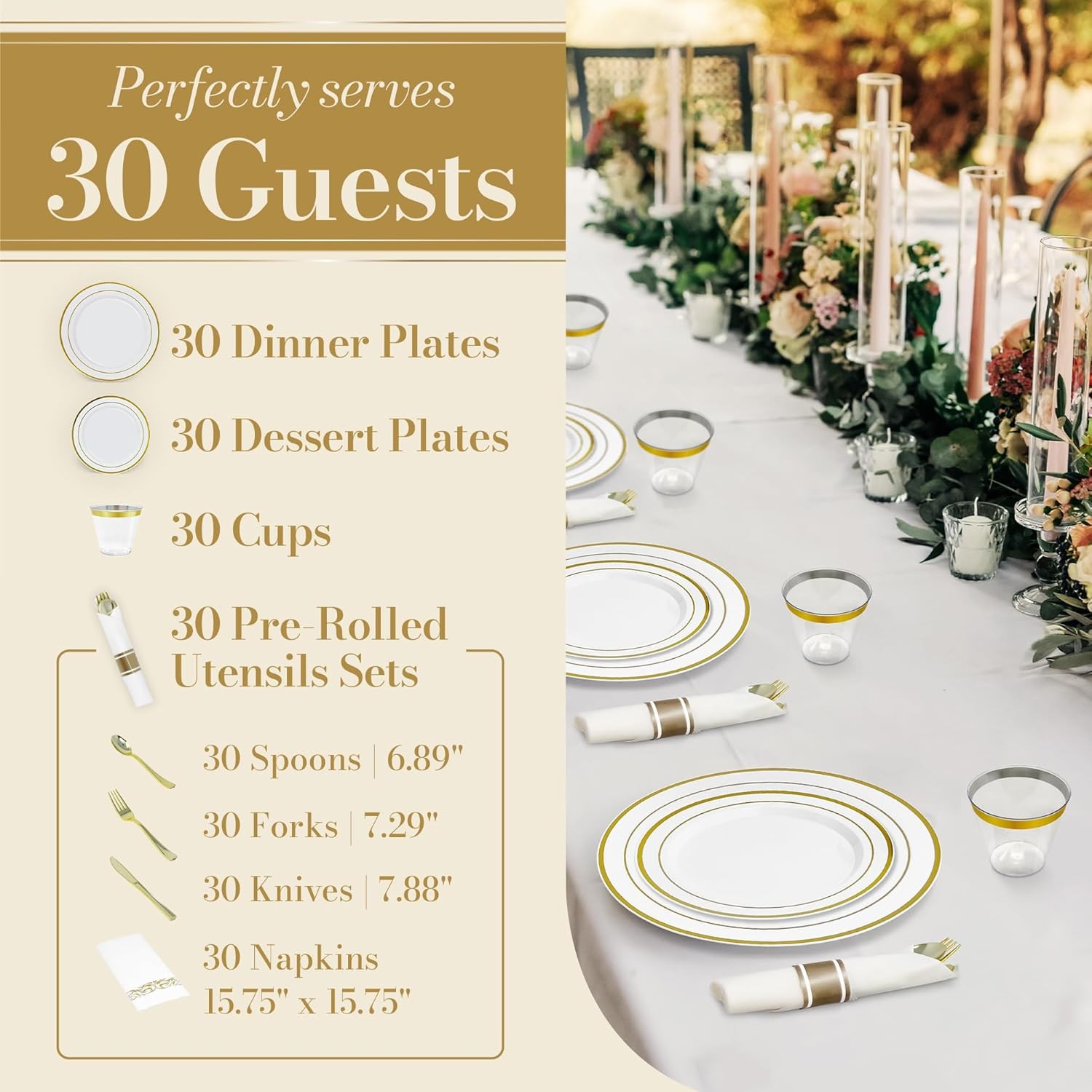 Plastic Plates for Party | 210 Pieces | White w/Gold Rim | Plates and Napkins