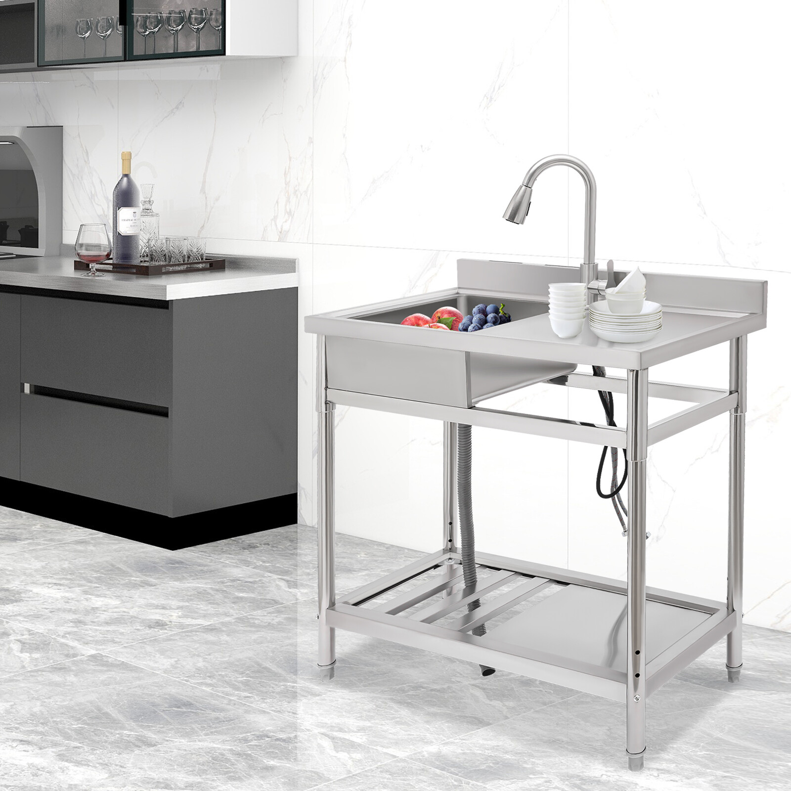 201 Stainless Steel Restaurant Kitchen Sink Silver Free-standing Kitchen Sink