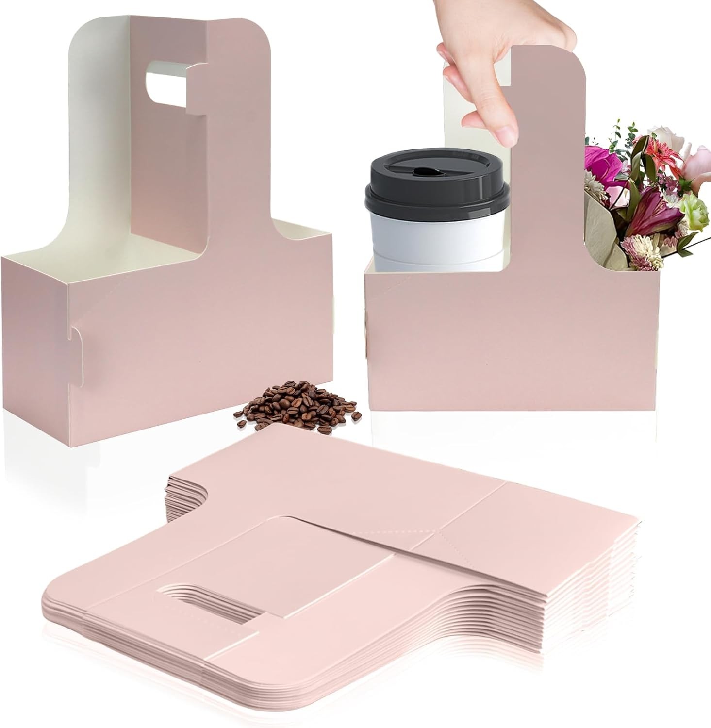 2 Cup Disposable Drink Carrier for Delivery with Handle,15 Count Pink Paperboard
