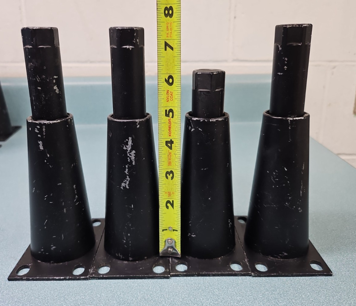 Black metal adjustable equipment legs with attachment plate. 6″-7.5″ (4)