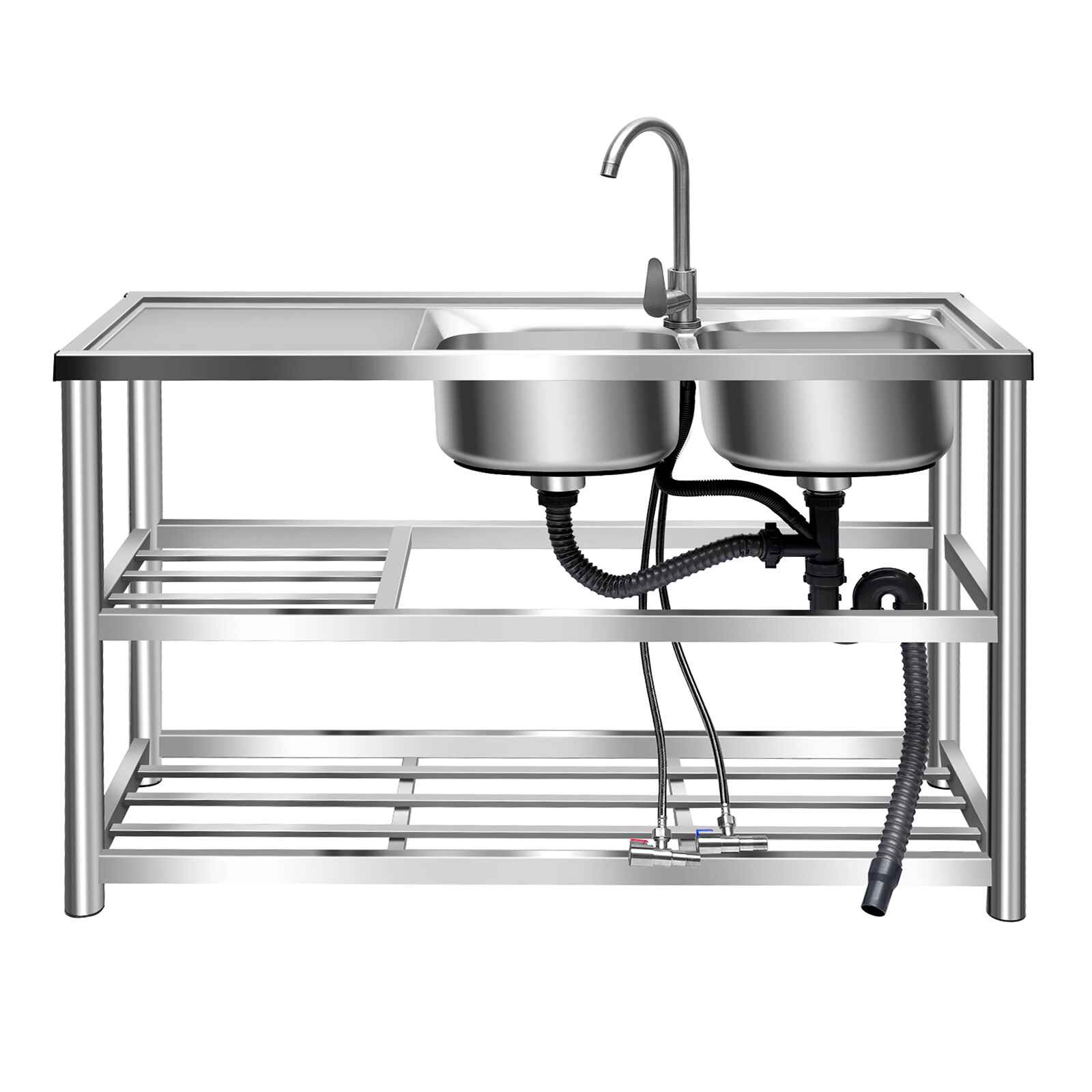 Stainless Steel Commercial Sink Kitchen Utility Sink 2 Compartments + Prep Table