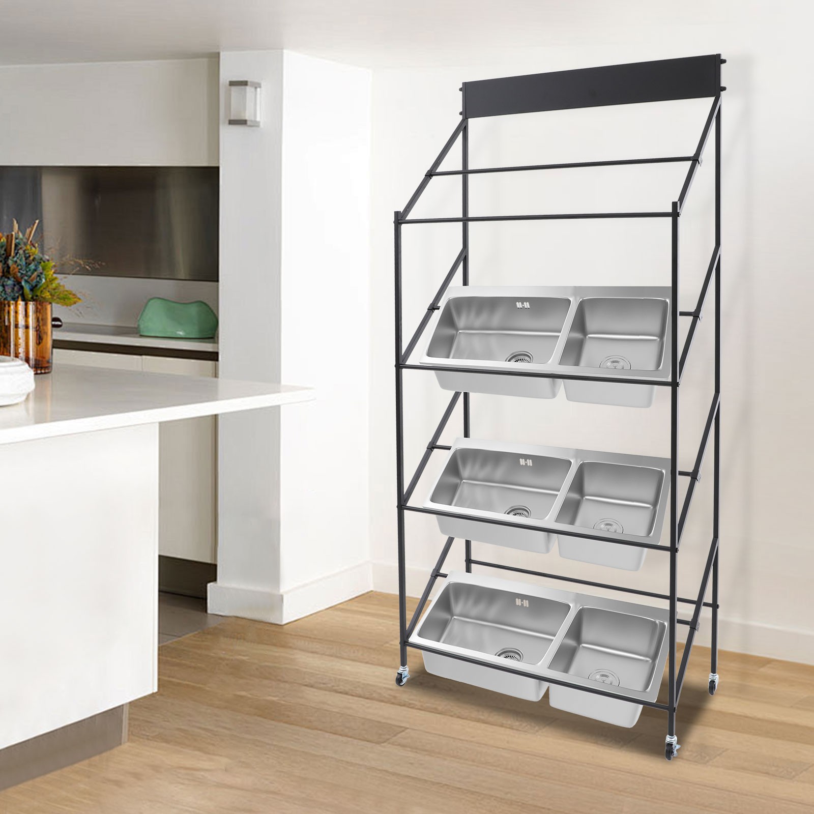 Commercial Kitchen Sink Rack with Wheels Double Slot Hand Basin Display Stand
