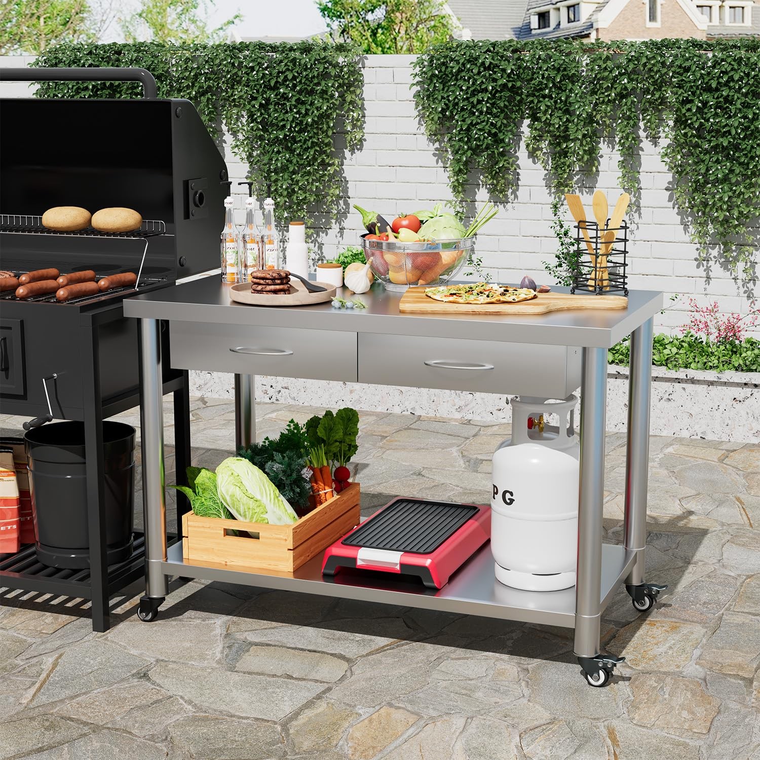 48″x24″ Stainless Steel Work Table with Drawers, Rolling Workbench for Kitchen