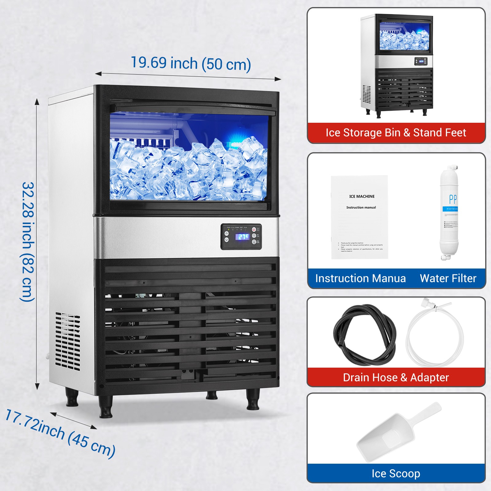 Commercial Ice Maker, 150lbs/24 Hours, Ice Maker Machine with 30lbs Storage Bin