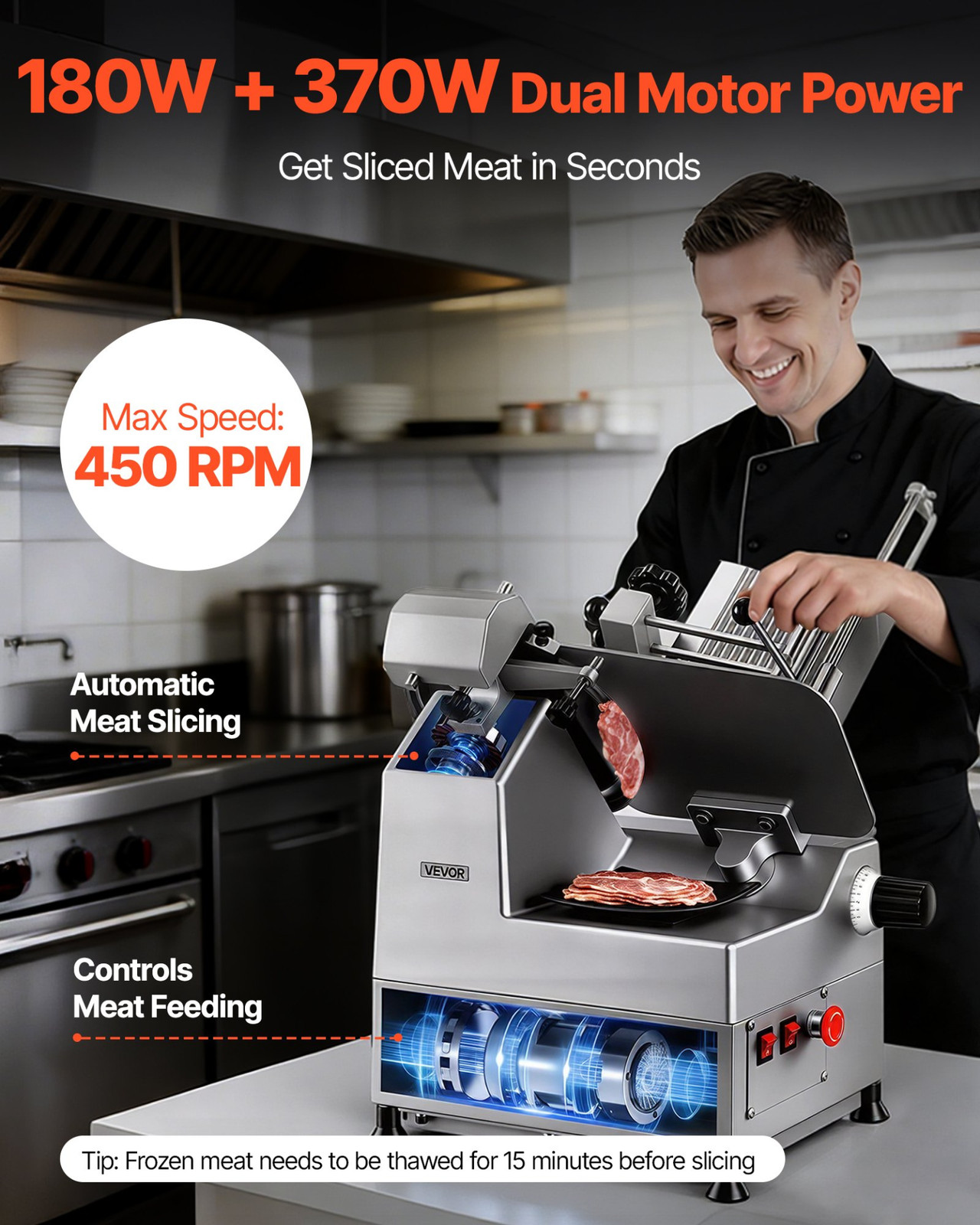 Commercial Meat Slicer 10in Blade 180W+370W Auto w/ Sharpener Adjustable