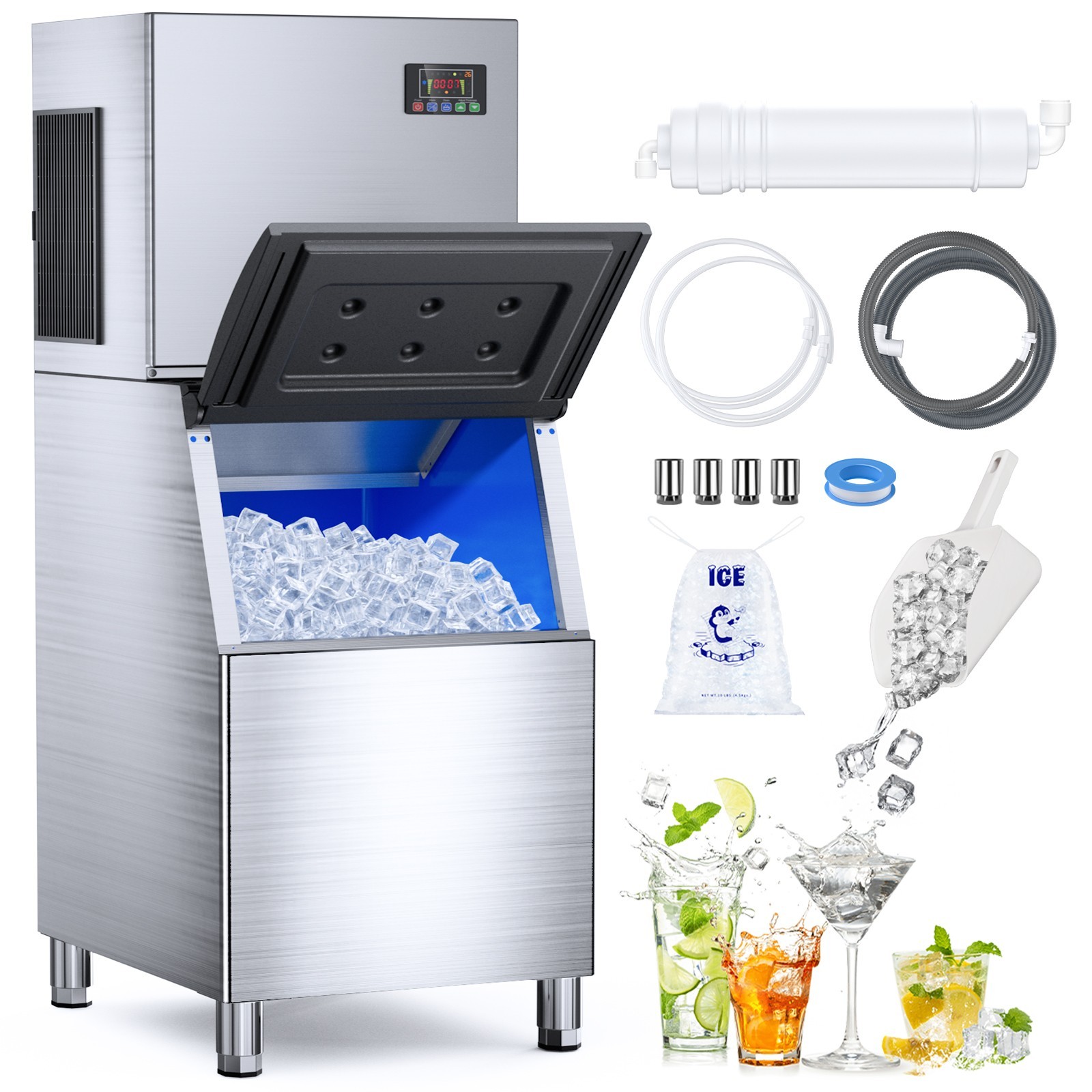 550LBS/24H Air Cooling Commercial Ice Maker Machine with 400lbs Storage Bin