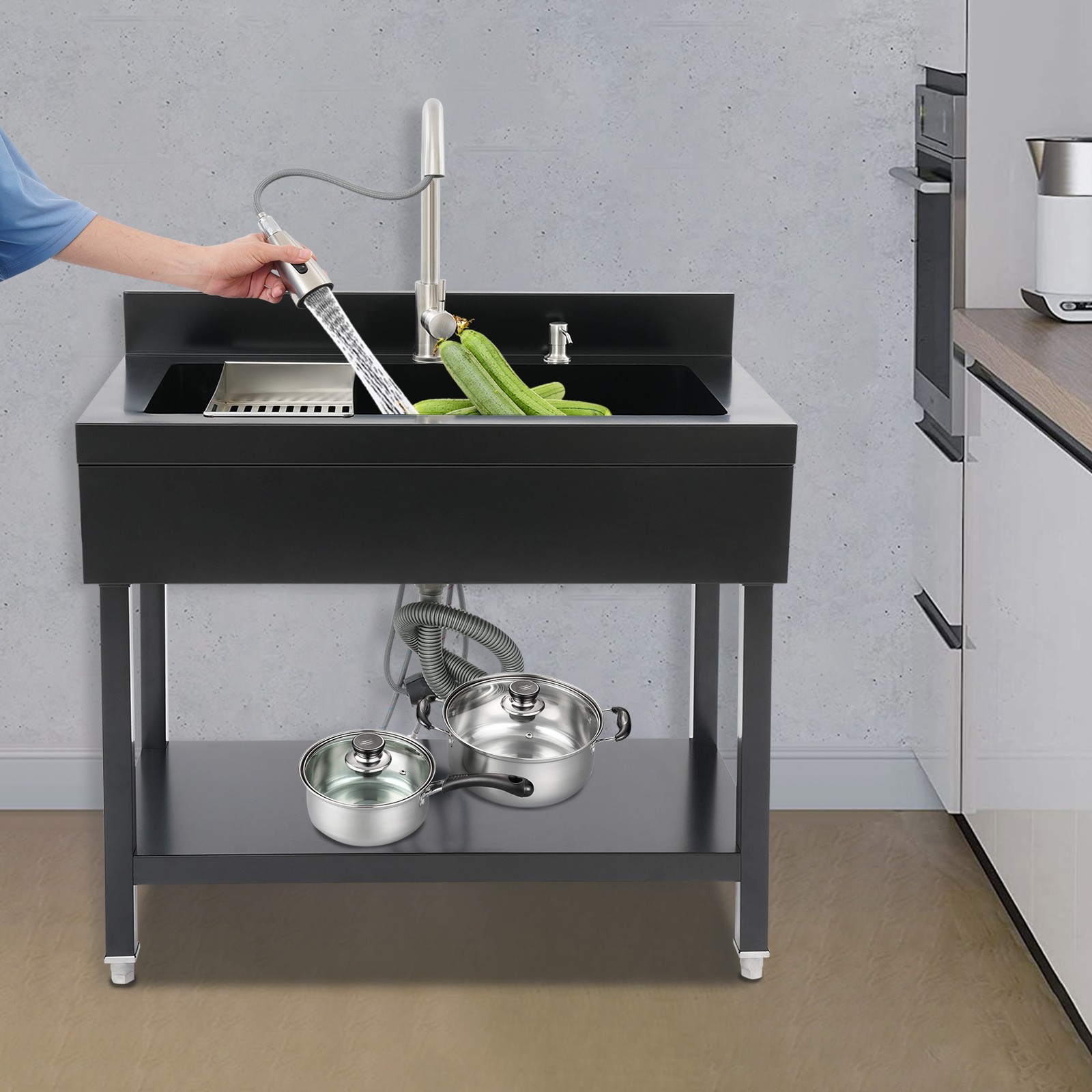 Black Freestanding Stainless Steel Utility Sink with pull-out faucet Faucet New