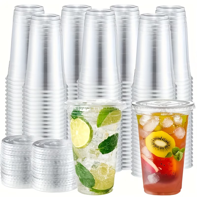 Clear Disposable Plastic Coffee Cups 50 Pack 16-24oz with Lids and Straws
