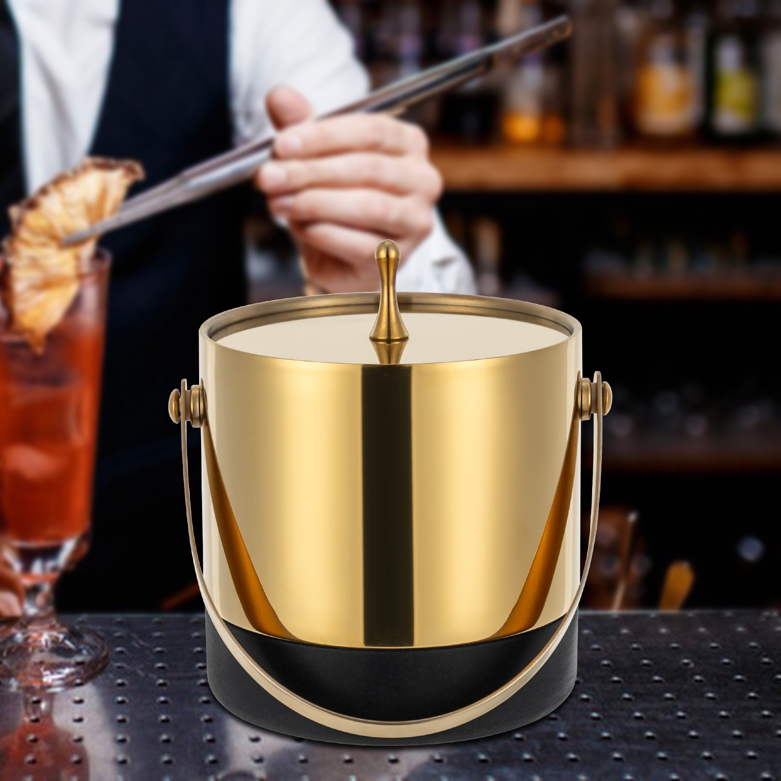 Modern Round Ice Bucket 1.4L Stainless Steel with Tong Strainer Lid Black/Gold