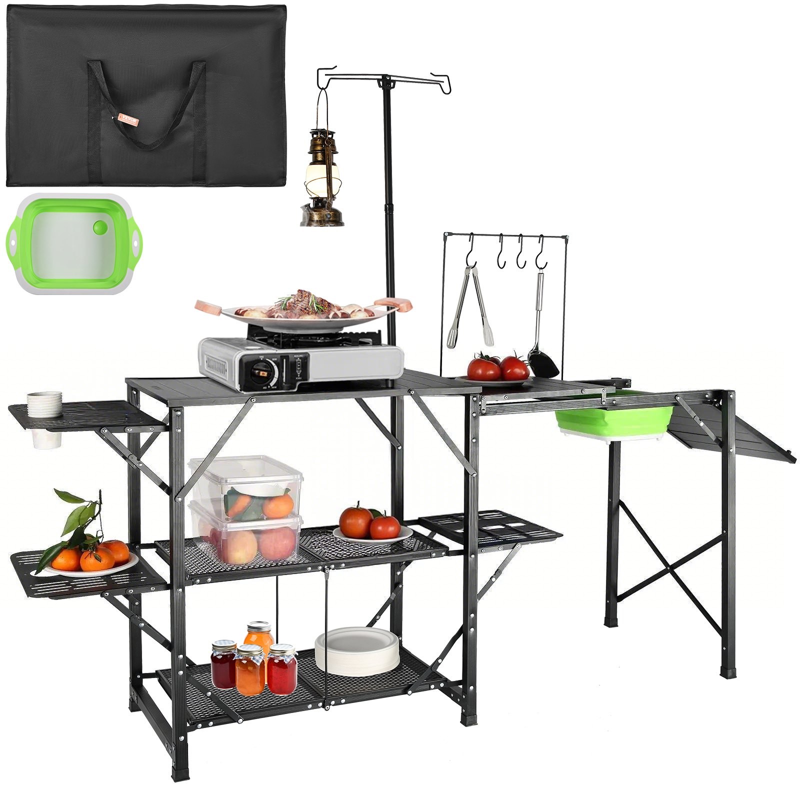 Camping Kitchen Table, One-piece Folding Portable Cook Station with A Carrying B