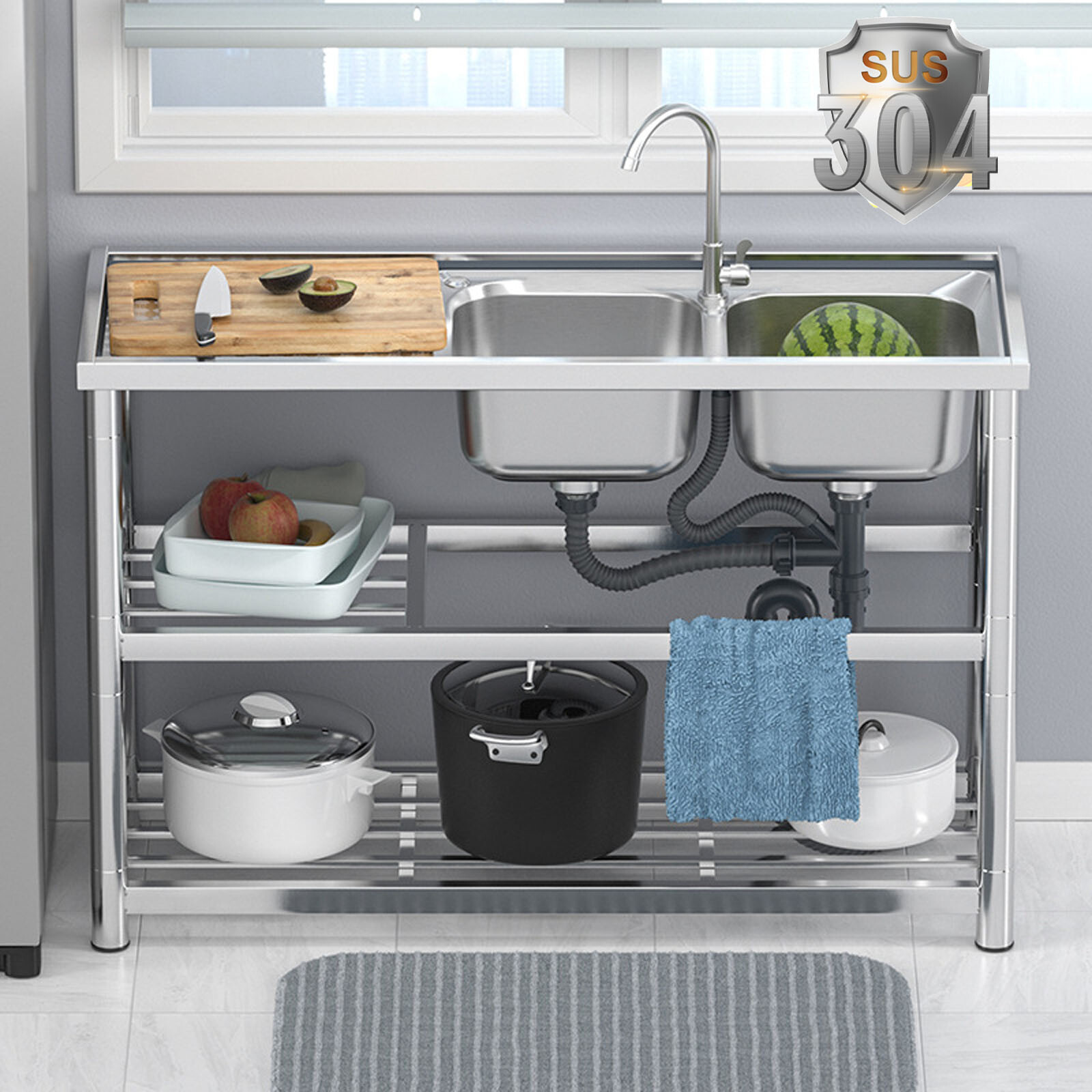 1/2/3 Compartment Kitchen Sink Prep Table Stainless Steel with Faucet Commercial