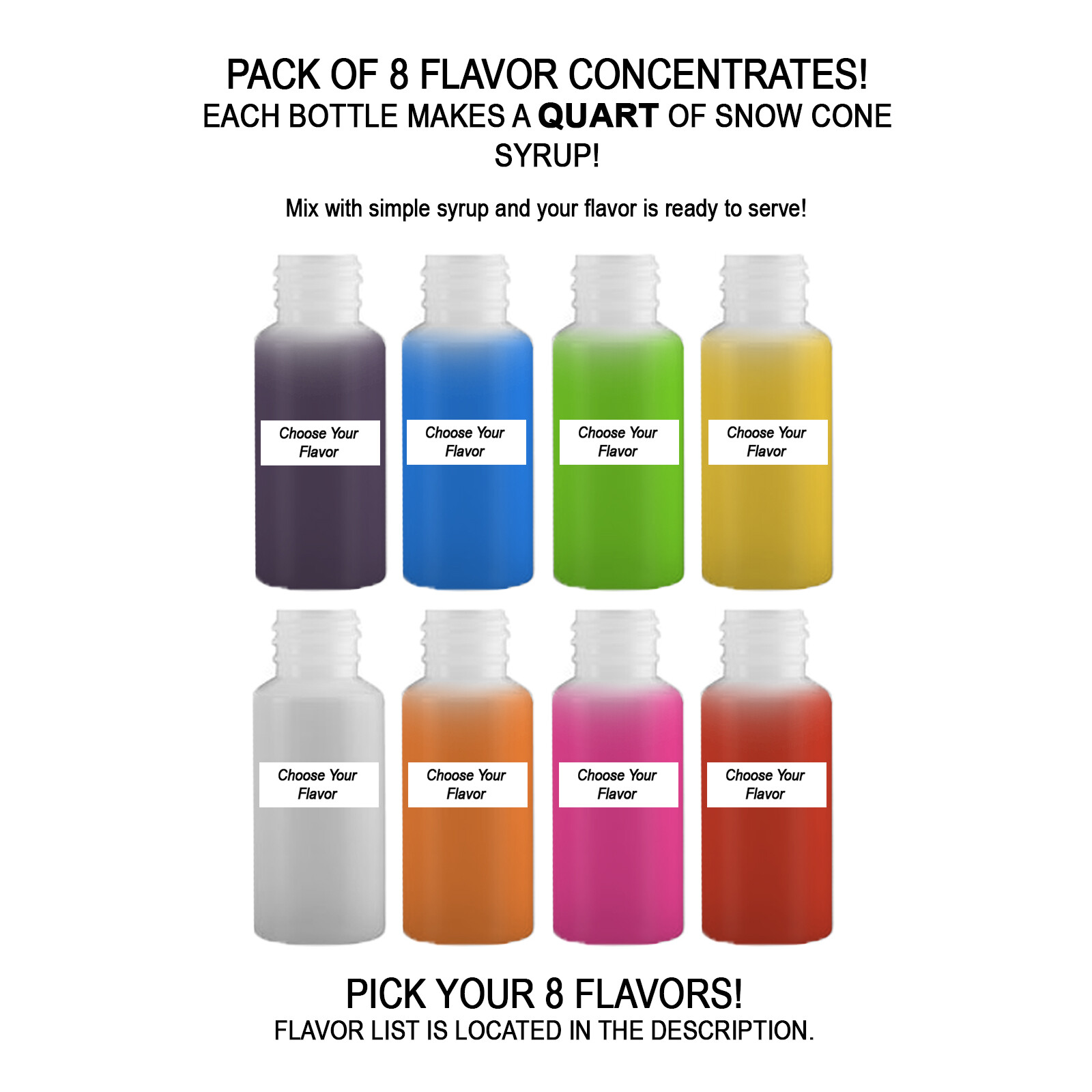 Shaved Ice Sno Cone Flavor Syrup Mix Concentrate Snow Kone Mix ***8 PACK*** 1oz
