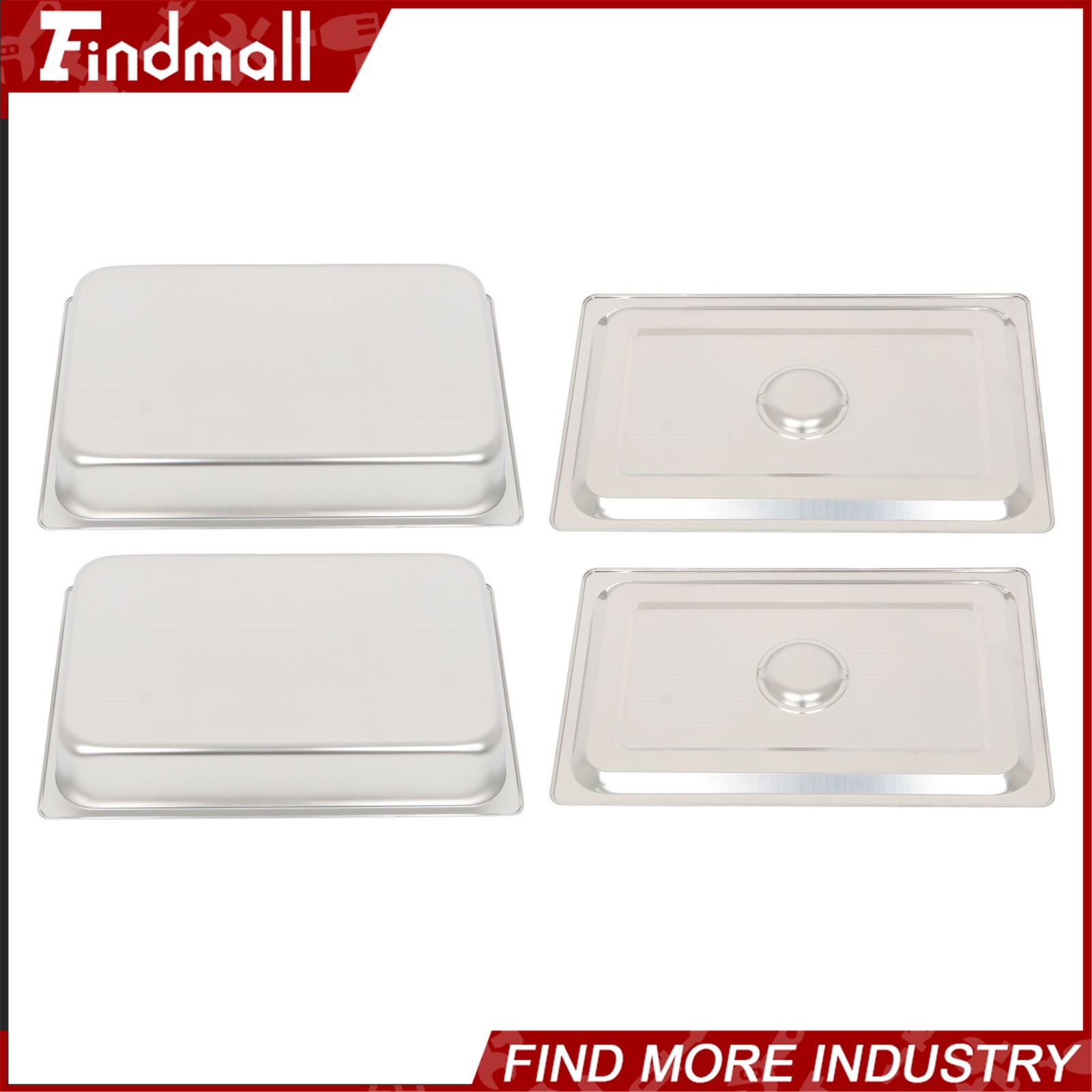 Findmall 2 Pack Stainless Steam Hotel Pan with Lid, 1/1 Size X 4 Inch Deep Steam
