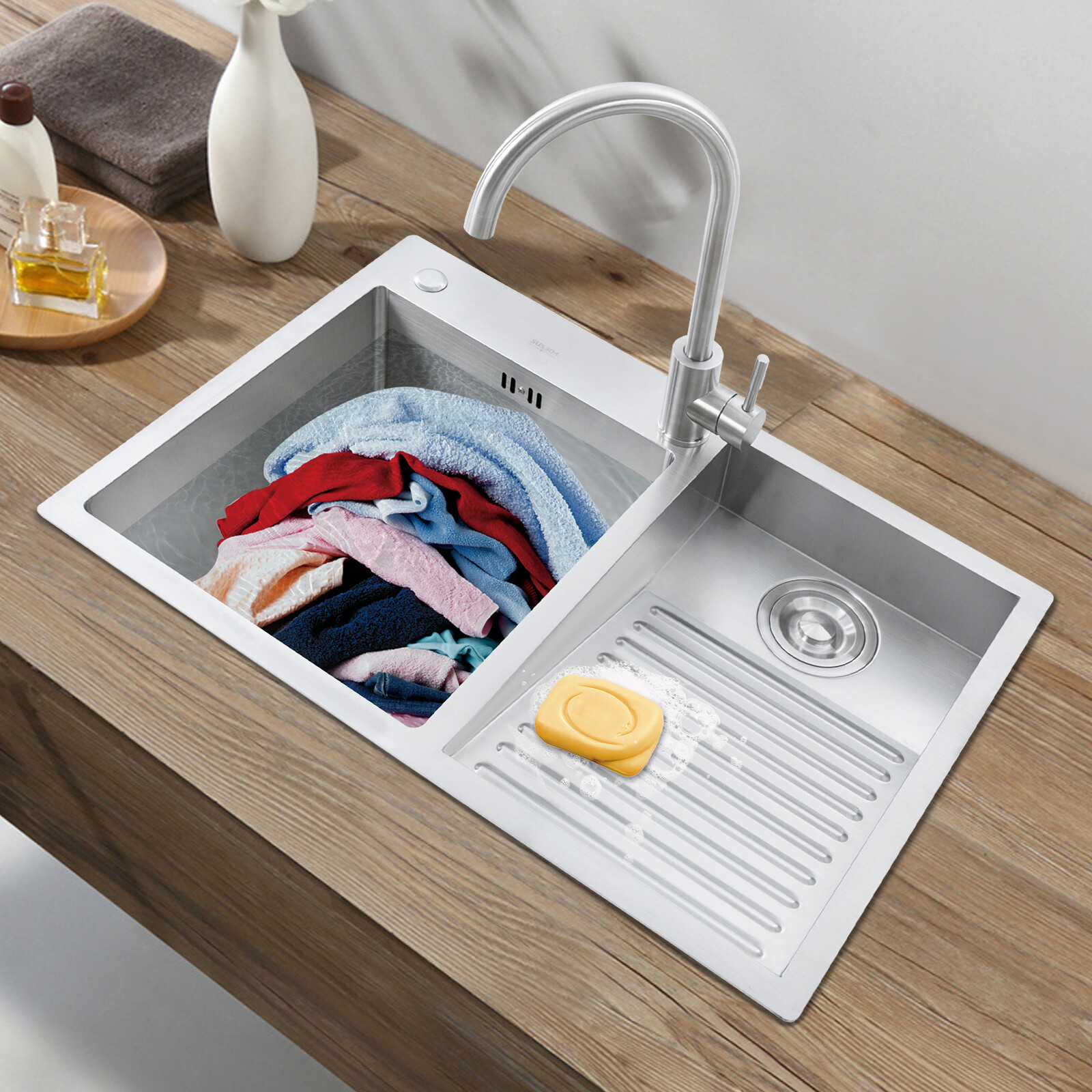 Stainless Steel Drop-in Laundry Sink Workstation Sink w/ Faucet 27.56*18.9*8.66″