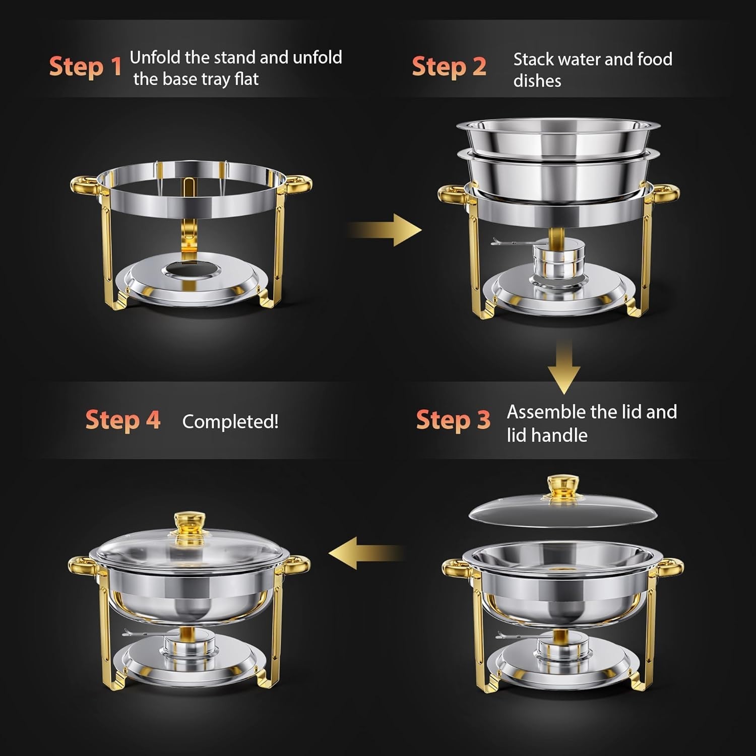4 Pack 6QT Round Stainless Steel Chafing Dish Set with Glass Lid (Sliver & Gold)