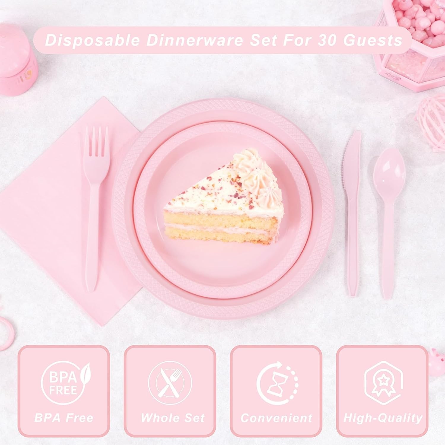 210 PCS Pink Plastic Plates for 30 Guests – Disposable Dinnerware Set Including
