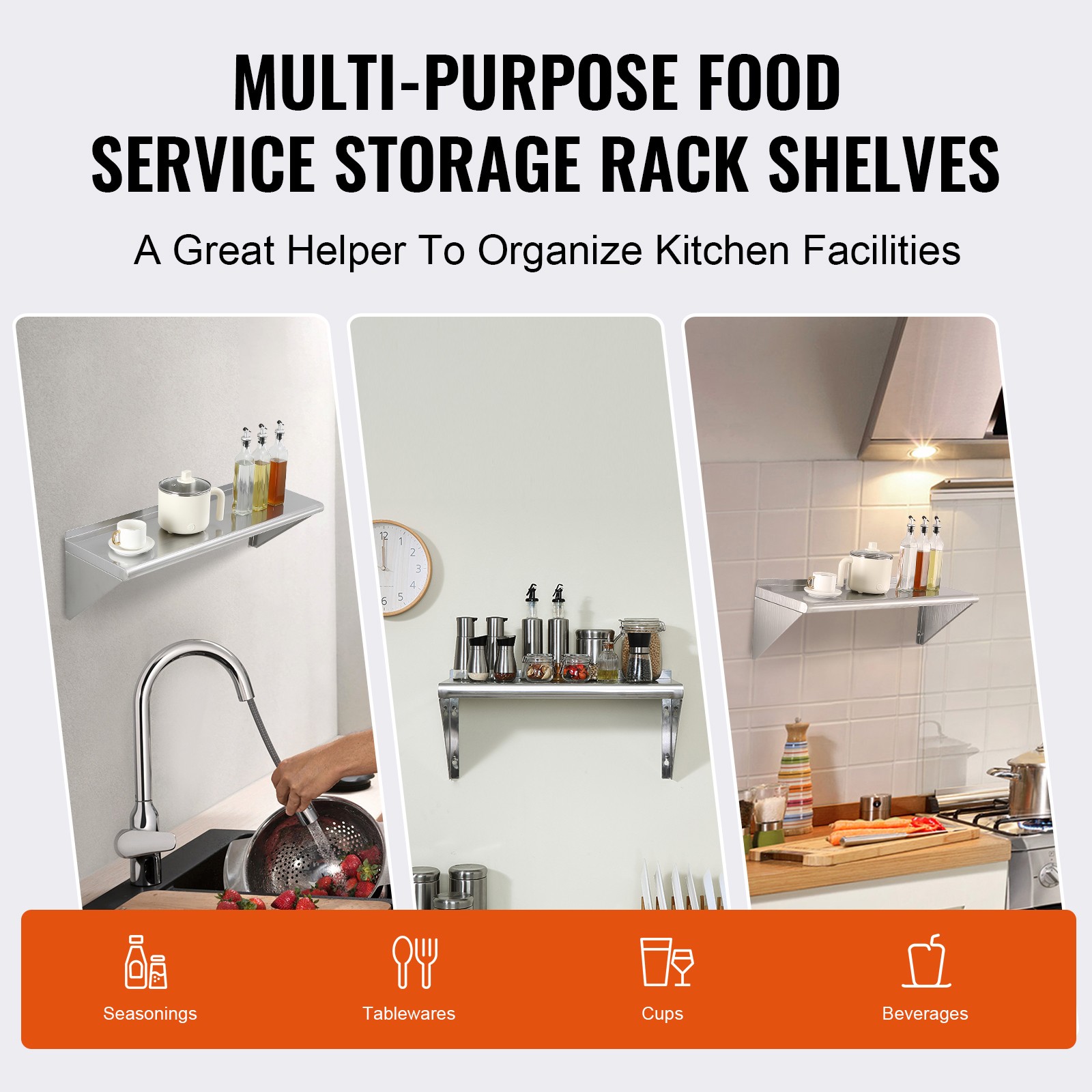 VEVOR 36″ x 12″ Stainless Steel Wall Mounted Shelf Kitchen Restaurant Shelving