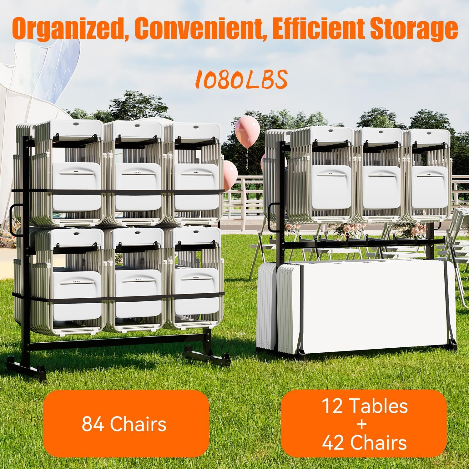 Folding Chair Rack Cart for 84 Chairs/12 Tables of 1080LBS w/Weatherproof Cover