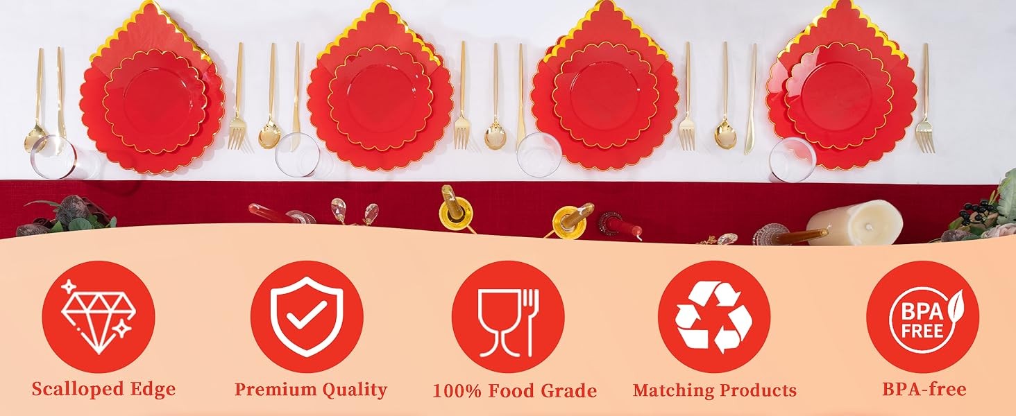 LIYH 210 Pcs Red Plastic Plates – Red Disposable Plates and Napkins Set, Gold