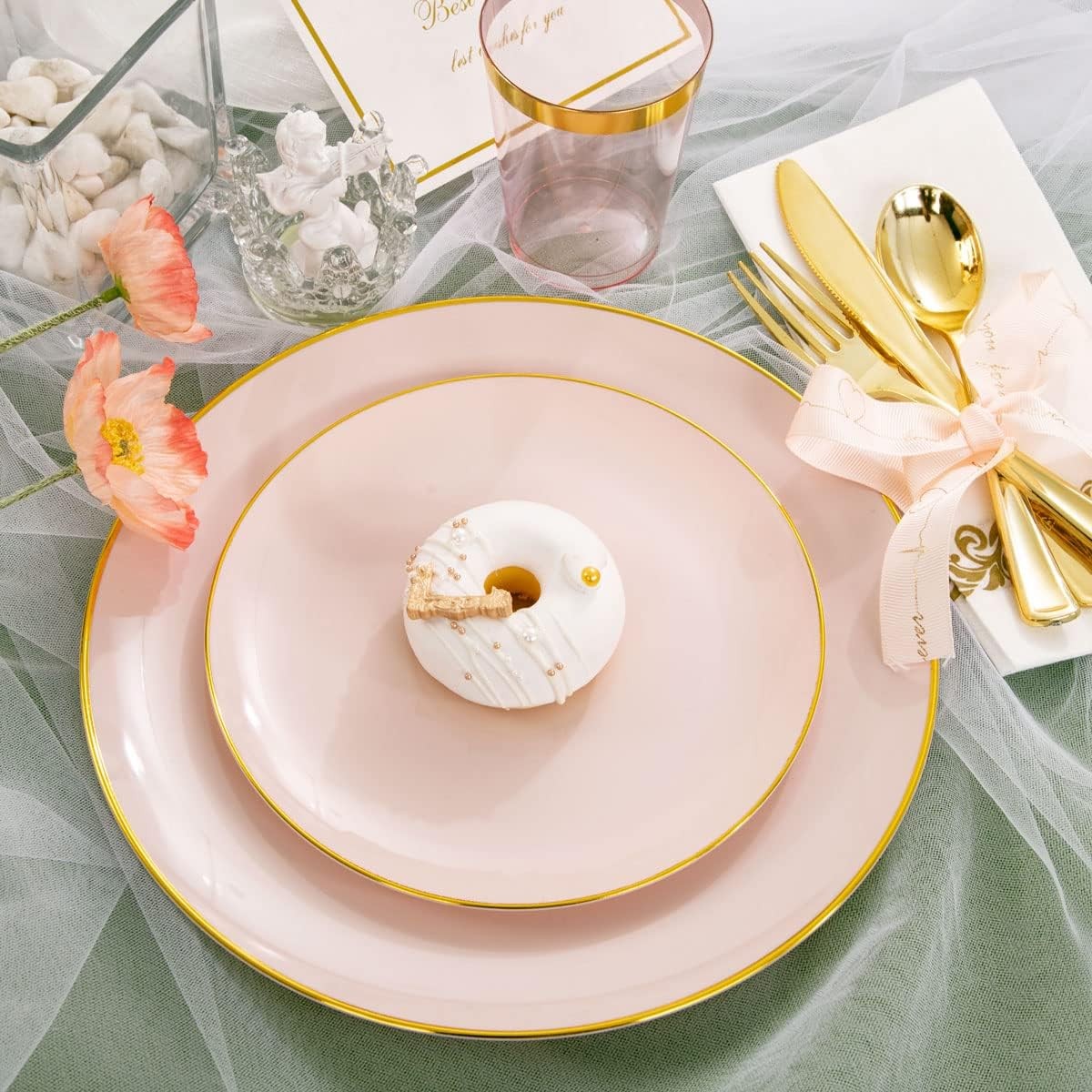 210Pcs Plastic Pink Plates with Gold Plastic Silverware Set Include 30Pink