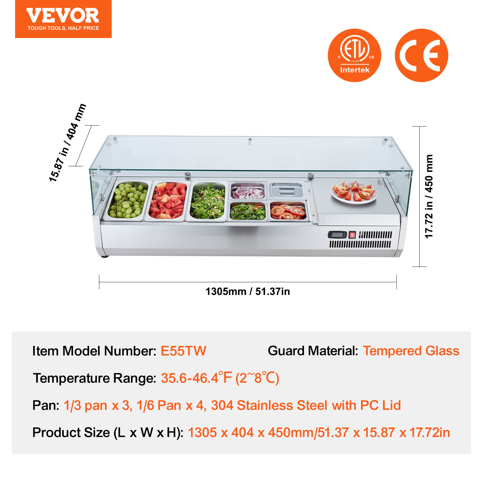 VEVOR Countertop Refrigerated Salad Pizza Prep Station 140 W Glass Guard ETL