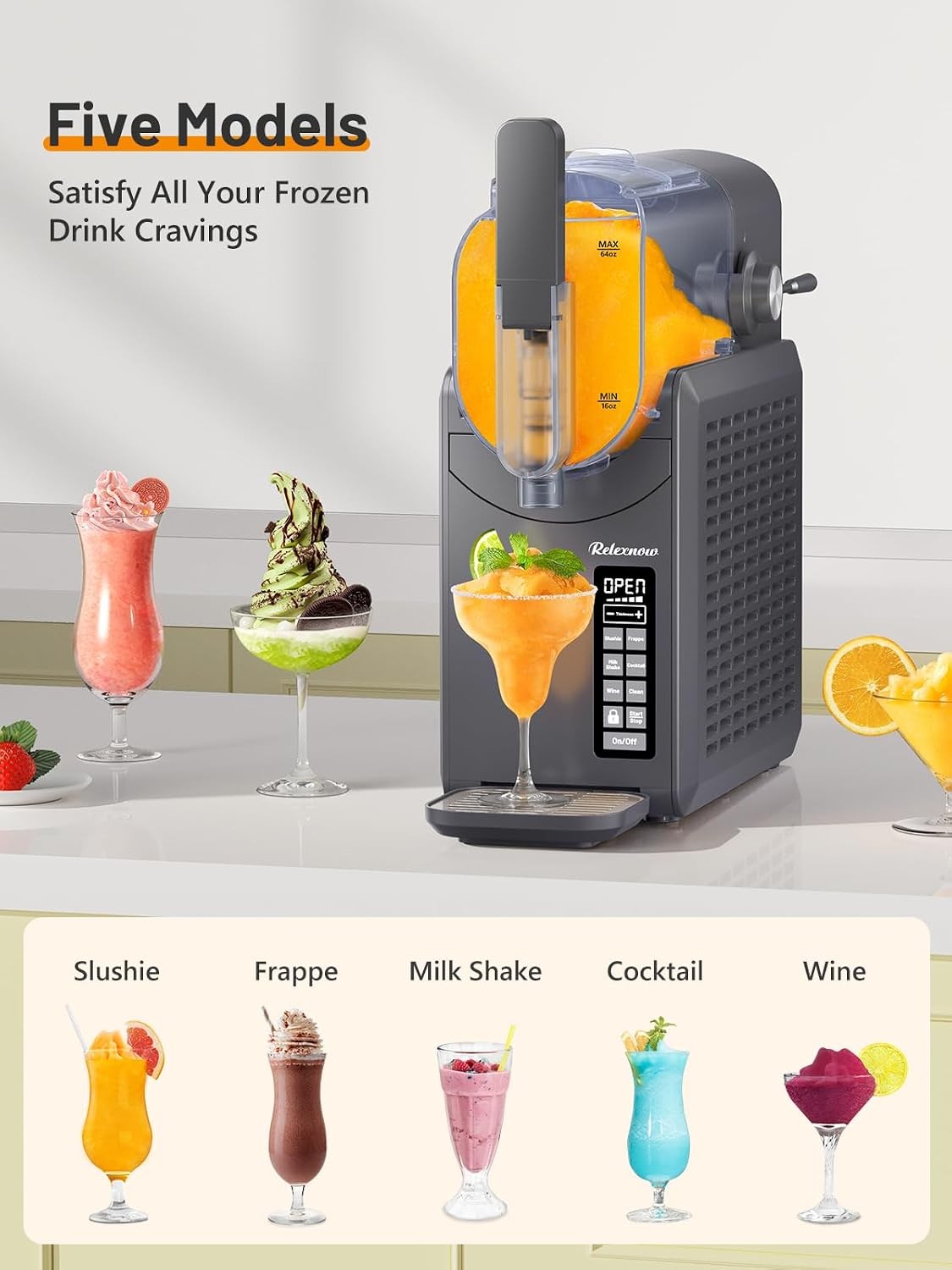RELEXNOW Slushie Machine No Ice Needed 88 oz 6 in 1