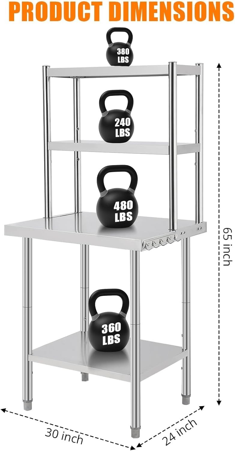 30×24 Inch, Total Height 65 Inches Heavy Duty Stainless Steel Work Table