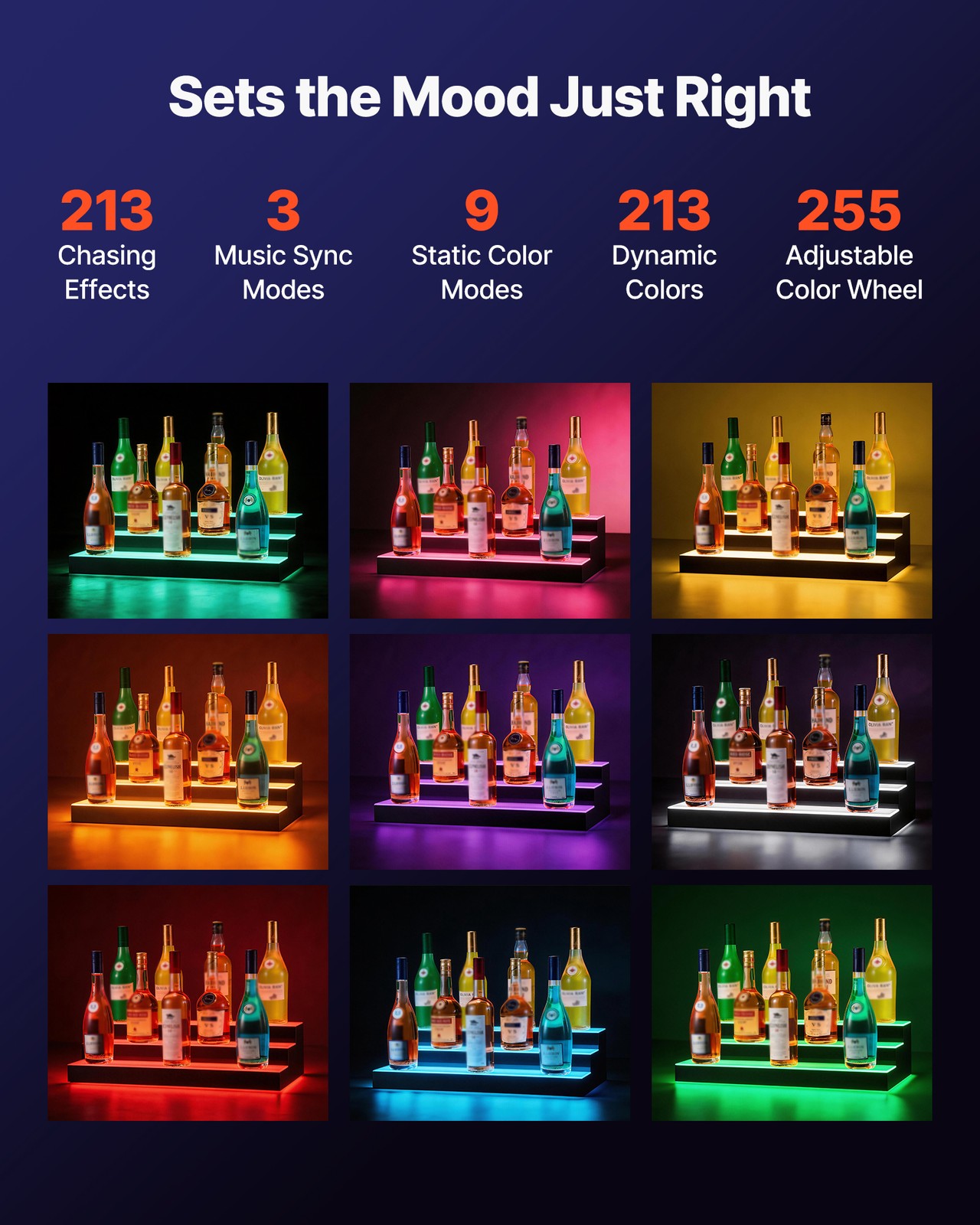 VEVOR LED Lighted Liquor Bottle Display Home Bar Shelf 3 Tiers 24 inches Acrylic