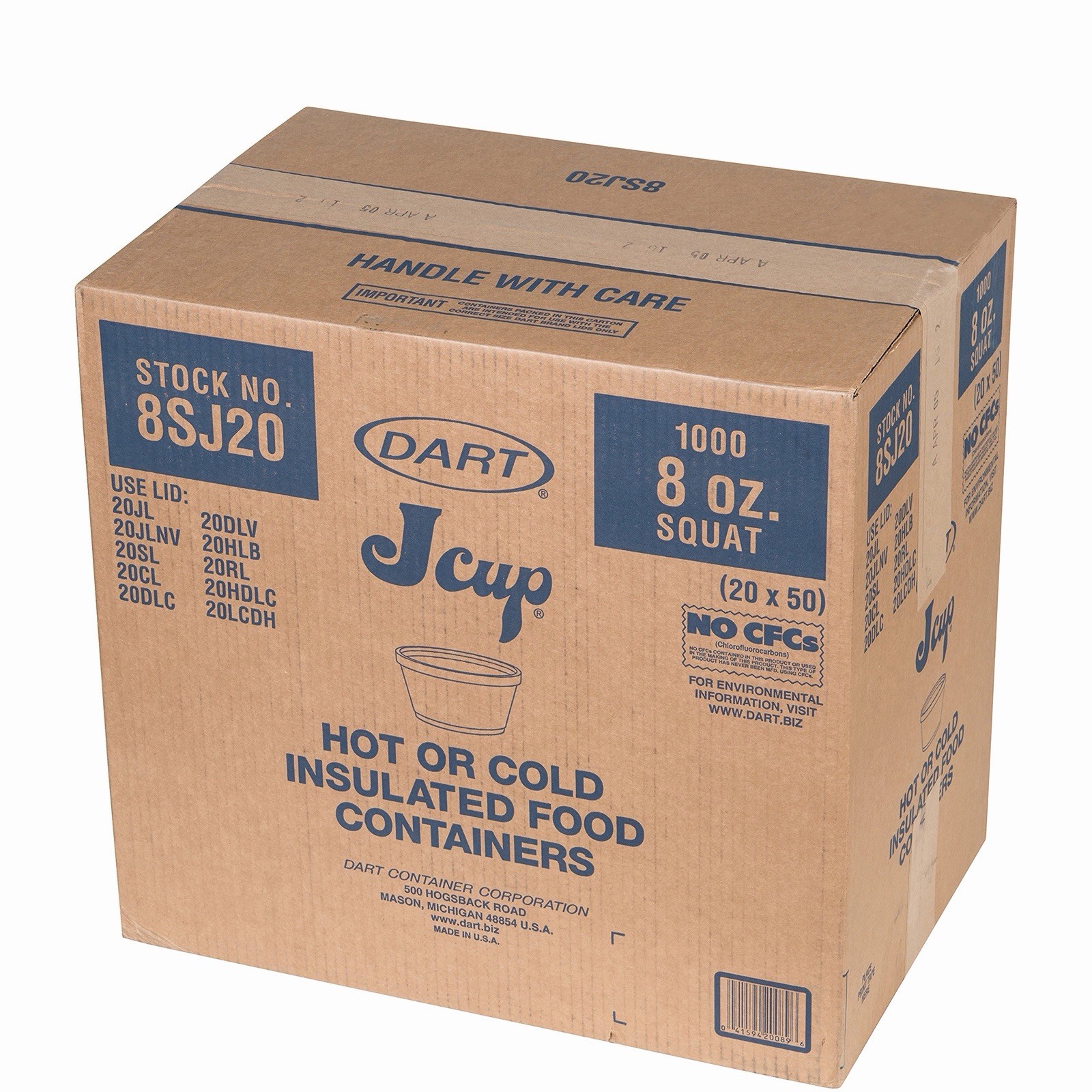 Dart 8SJ20 8 oz Foam Container – White, Case of 1000