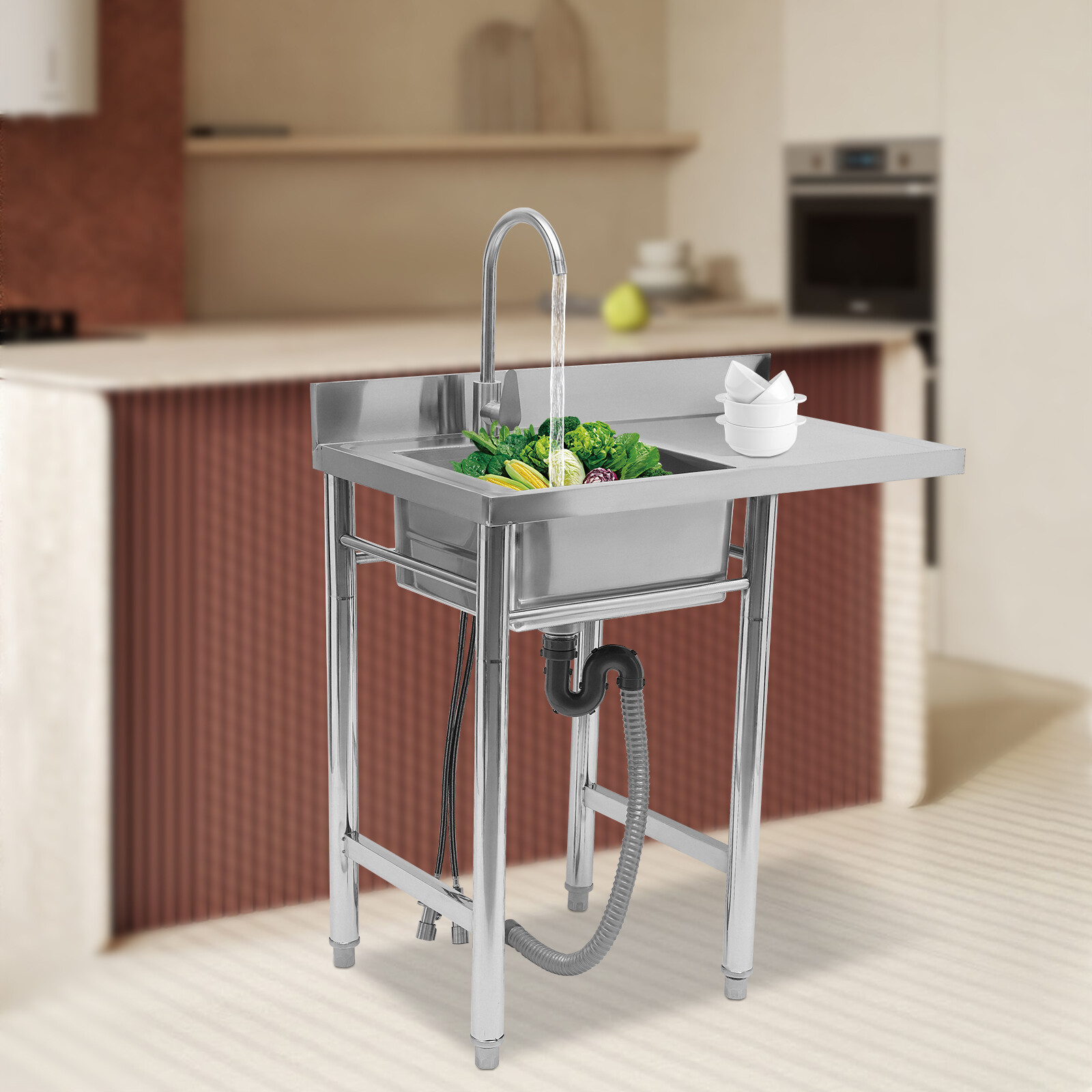 Commercial Kitchen Sink Prep Table with Faucet 304 Stainless Steel 1 Compartment
