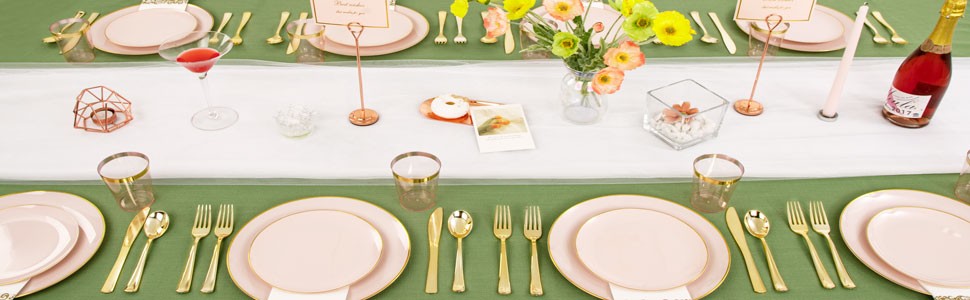 210Pcs Plastic Pink Plates with Gold Plastic Silverware Set Include 30Pink