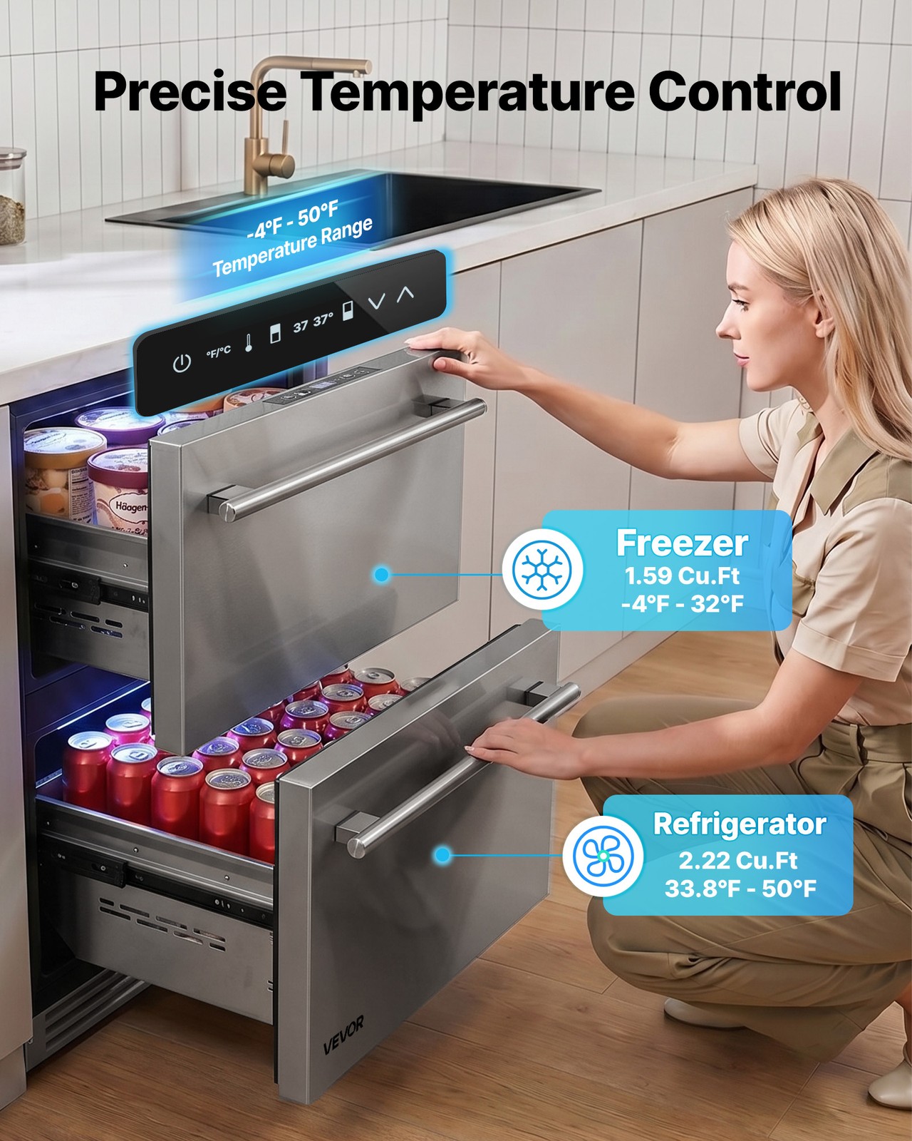 VEVOR 24 in Drawer Refrigerator with Freezer Undercounter Fridge Freezer Combo