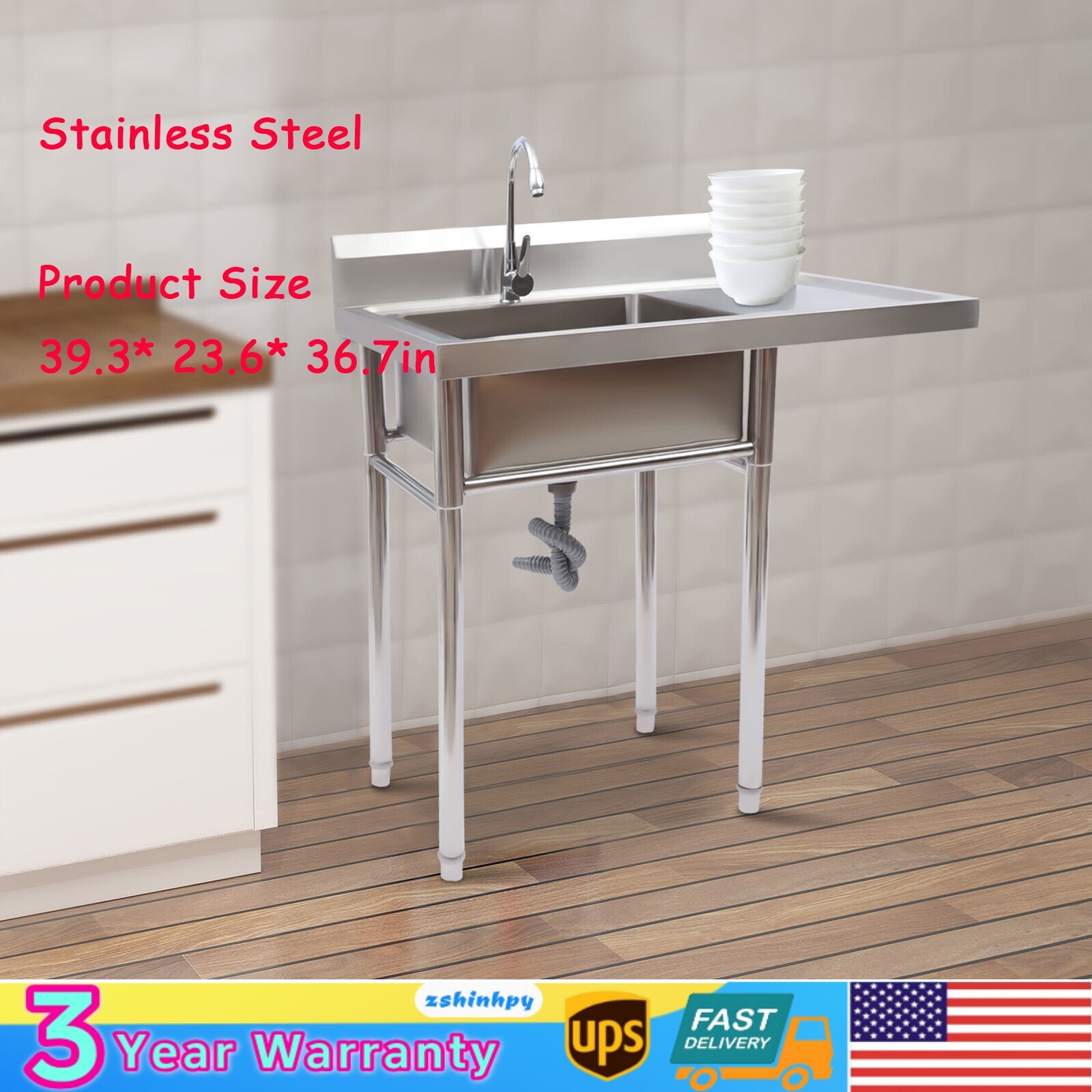 Stainless Steel Utility Sink with Drainboard and 360° Rotating Faucet