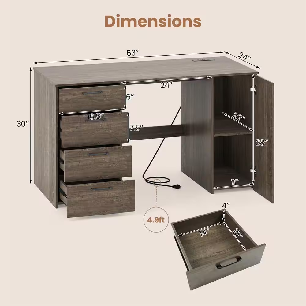 53 In. Gray + Black 4 Storage Drawers Computer Desk with Power Outlets Large Exe