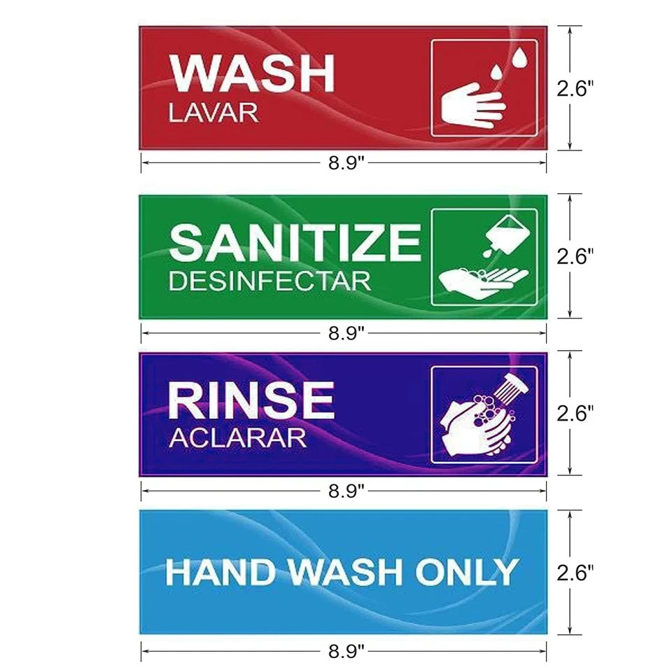 4Pk Wash Rinse Sanitize Kitchen Sink Labels for 3 Compartment Dishwashing Sinks