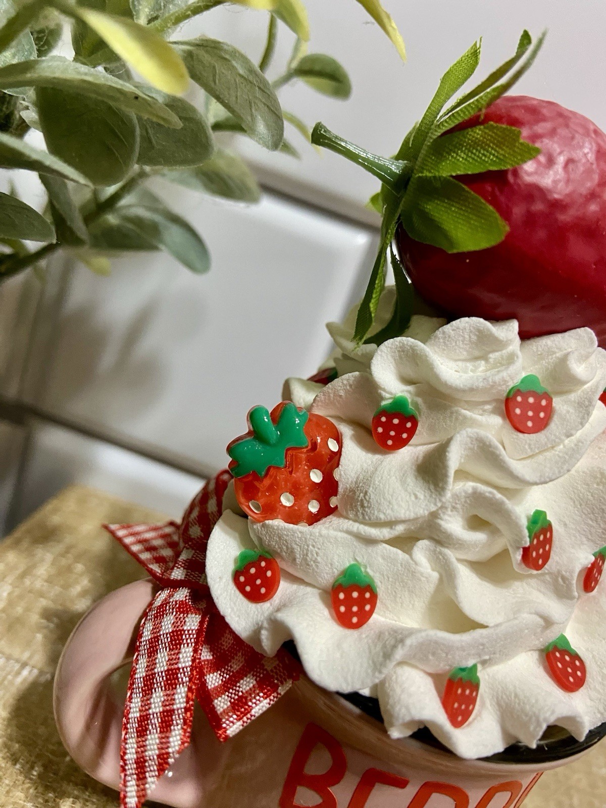 Cute STRAWBERRY Mini Ceramic Mug Faux Fake Whipped Cream Tiered Tray Decor 4.55″
