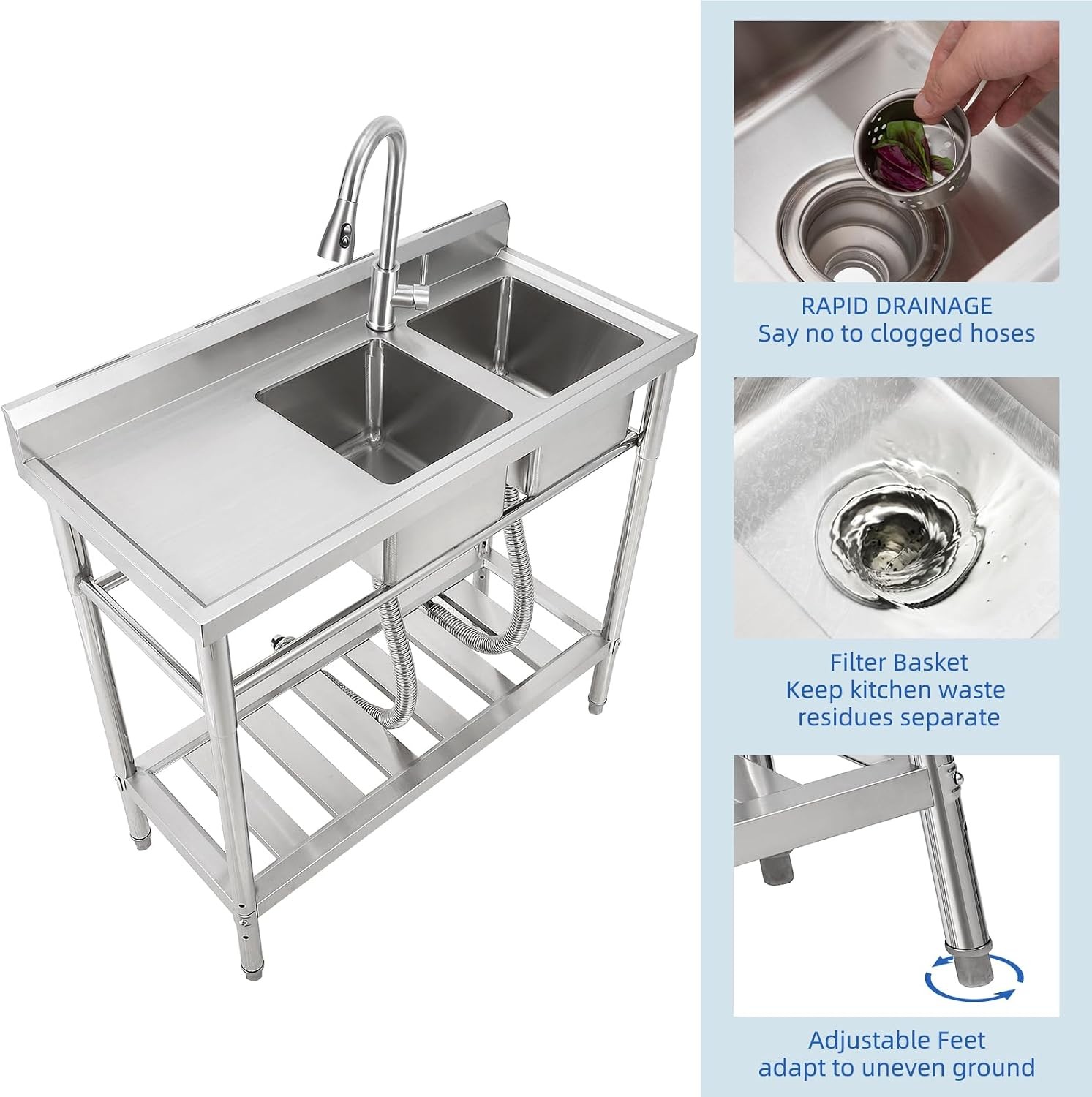 39″x18″x40″ Kitchen Sink Commercial 2 Compartments Stainless Steel Utility Sink