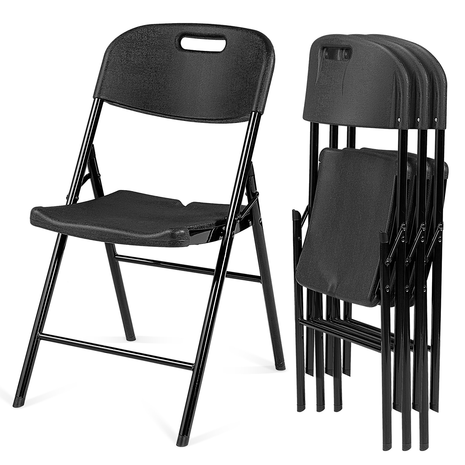 4PCS 33″H Commercial Contoured Folding Plastic Chairs Set Steel Frame Black