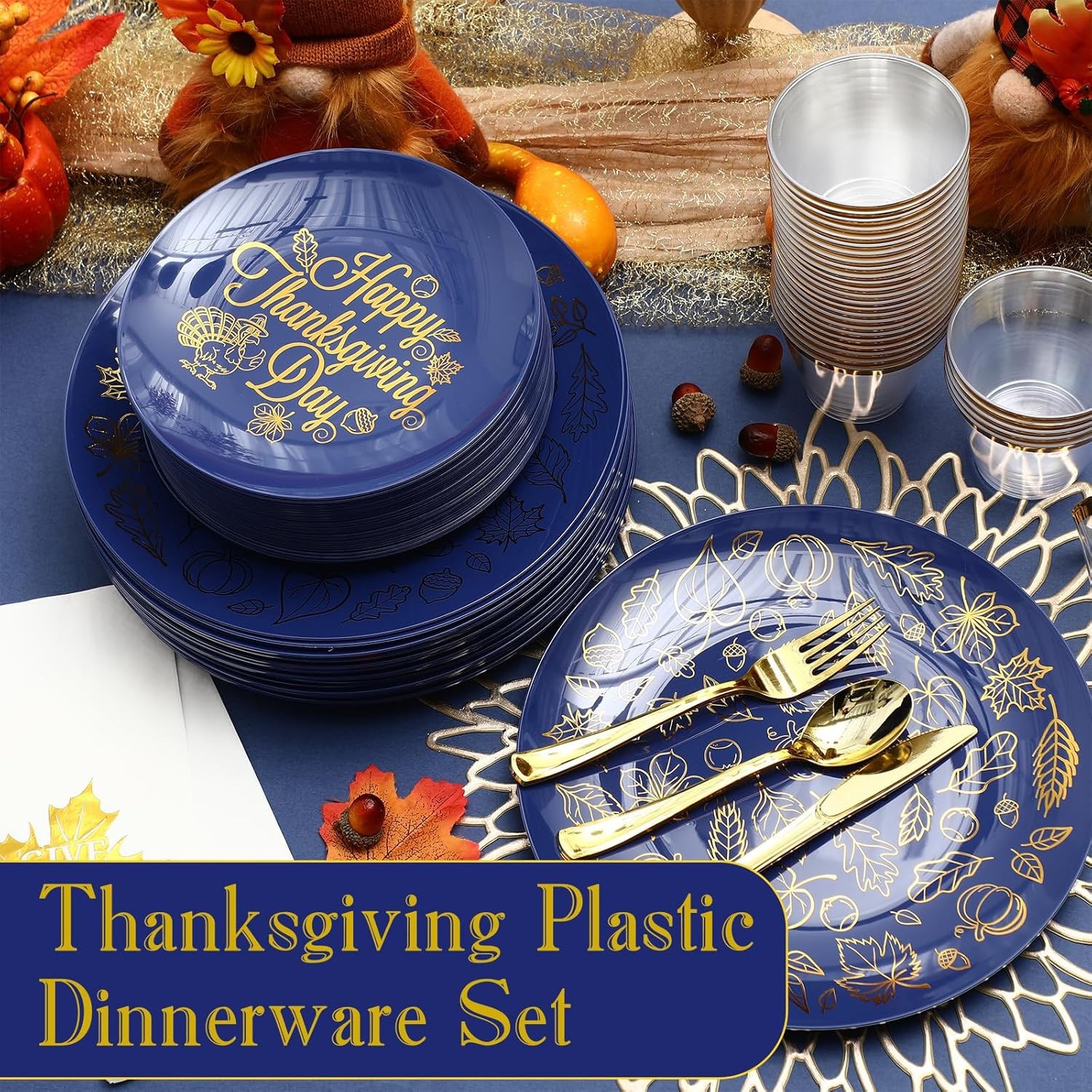 210 Pcs Thanksgiving Dinnerware Sets, Navy Blue Disposable Plates Includes