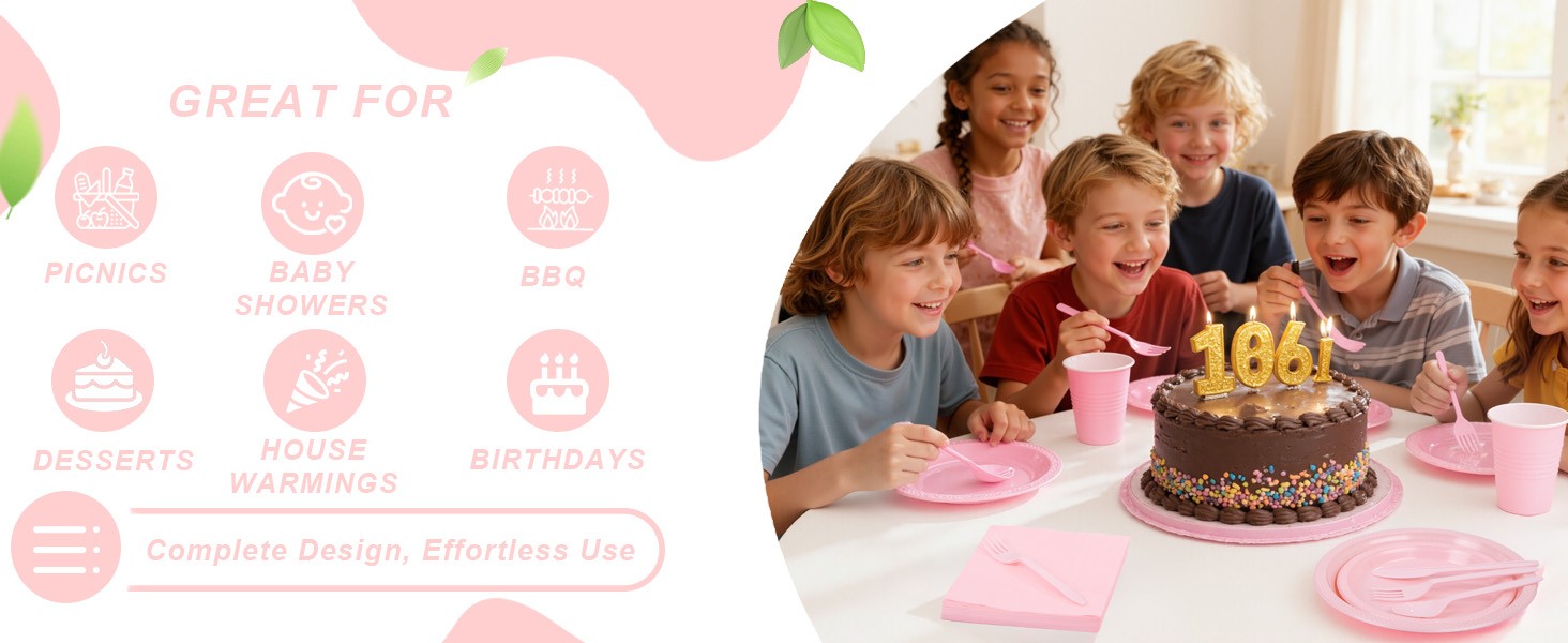 210 PCS Pink Plastic Plates for 30 Guests – Disposable Dinnerware Set Including