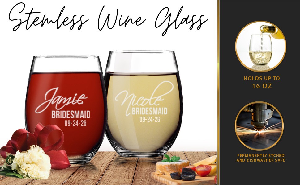 Monogrammed Personalized Stemless Wine Glasses for Bridesmaid, Engraved