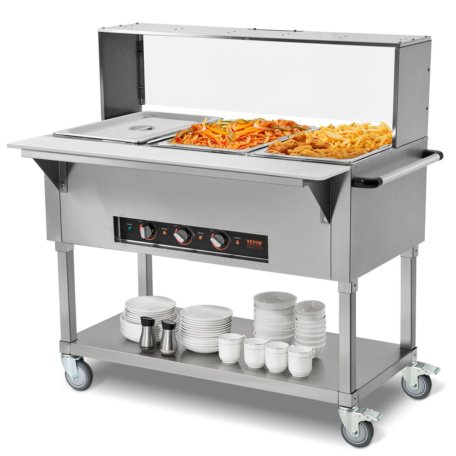 VEVOR 3-Pan Commercial Food Warmer 3 x 20.6QT Steam Table & Acrylic Sneeze Guard