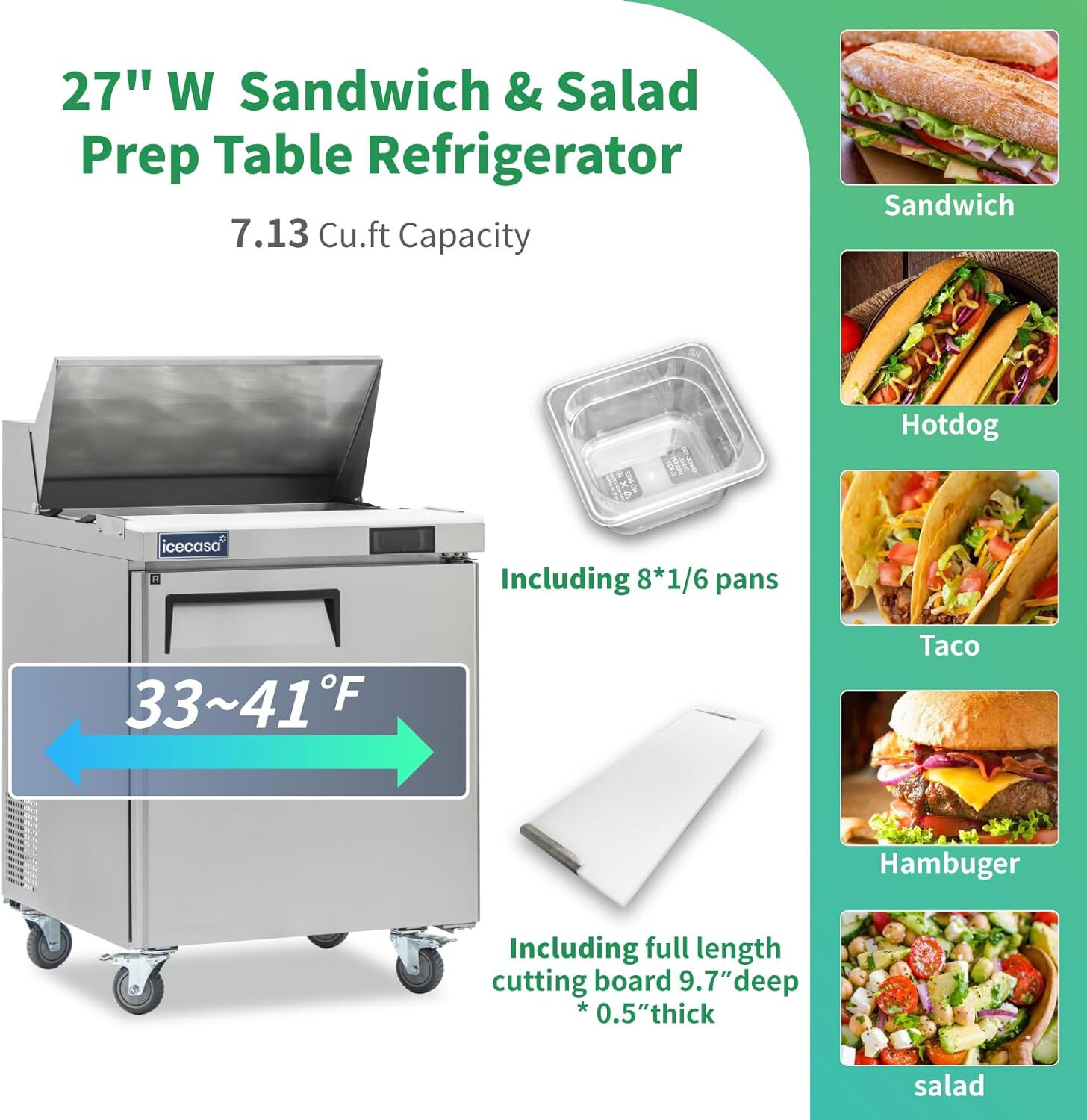 27″ Sandwich Prep Table Fridge, ICECASA 1 Door Food Bain Marie Cooler, 8 Pans