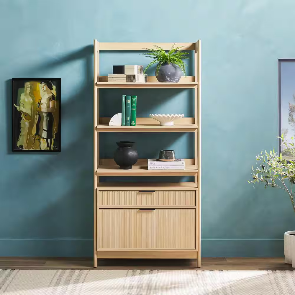Modern 70 In. Tall Coastal Oak Wood 4-Shelf Bookcase with Reeded Drawer Fronts a